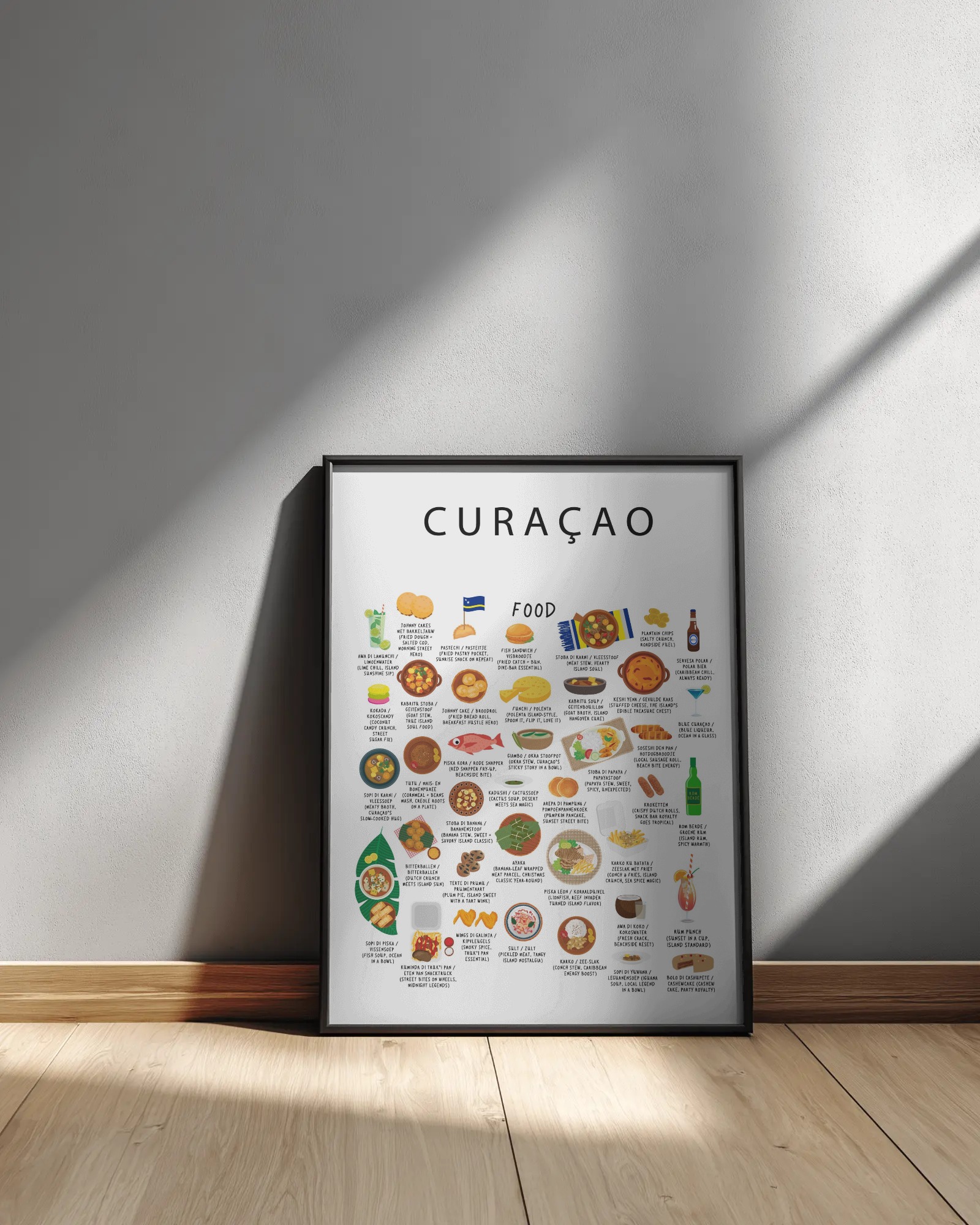 White Curaçao food poster in a black frame leaning against a sunlit plaster wall on oak flooring