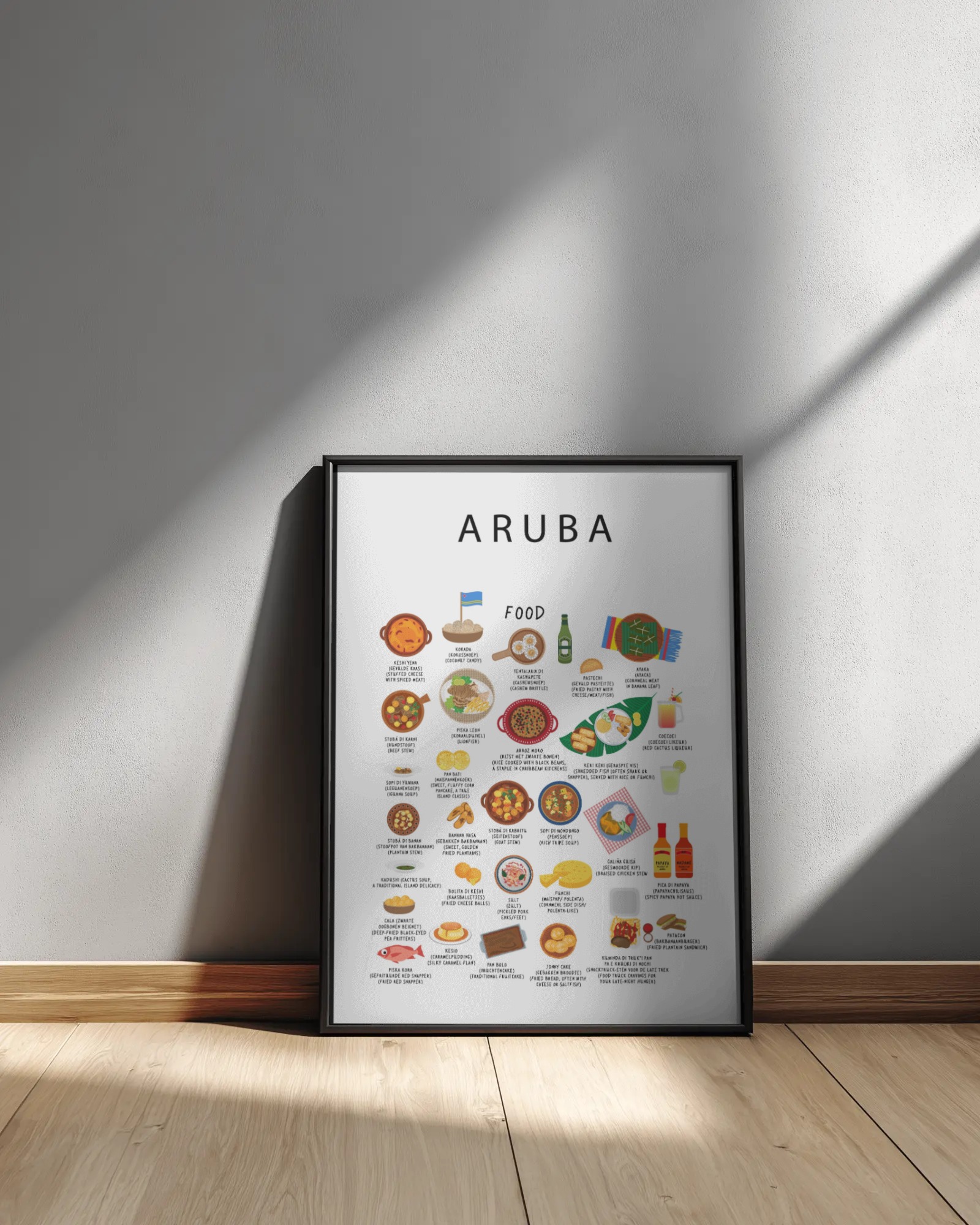 White Aruba food poster framed in black leaning against a sunlit plaster wall
