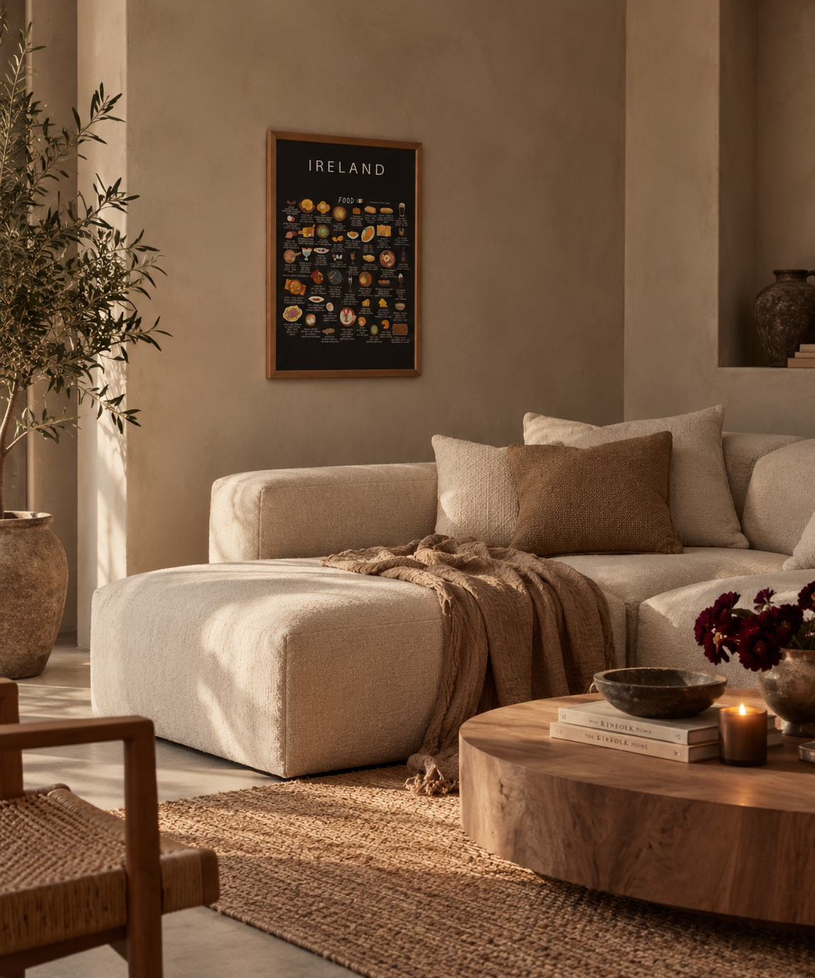Warm, earthy living room with a framed Maison Maps food poster