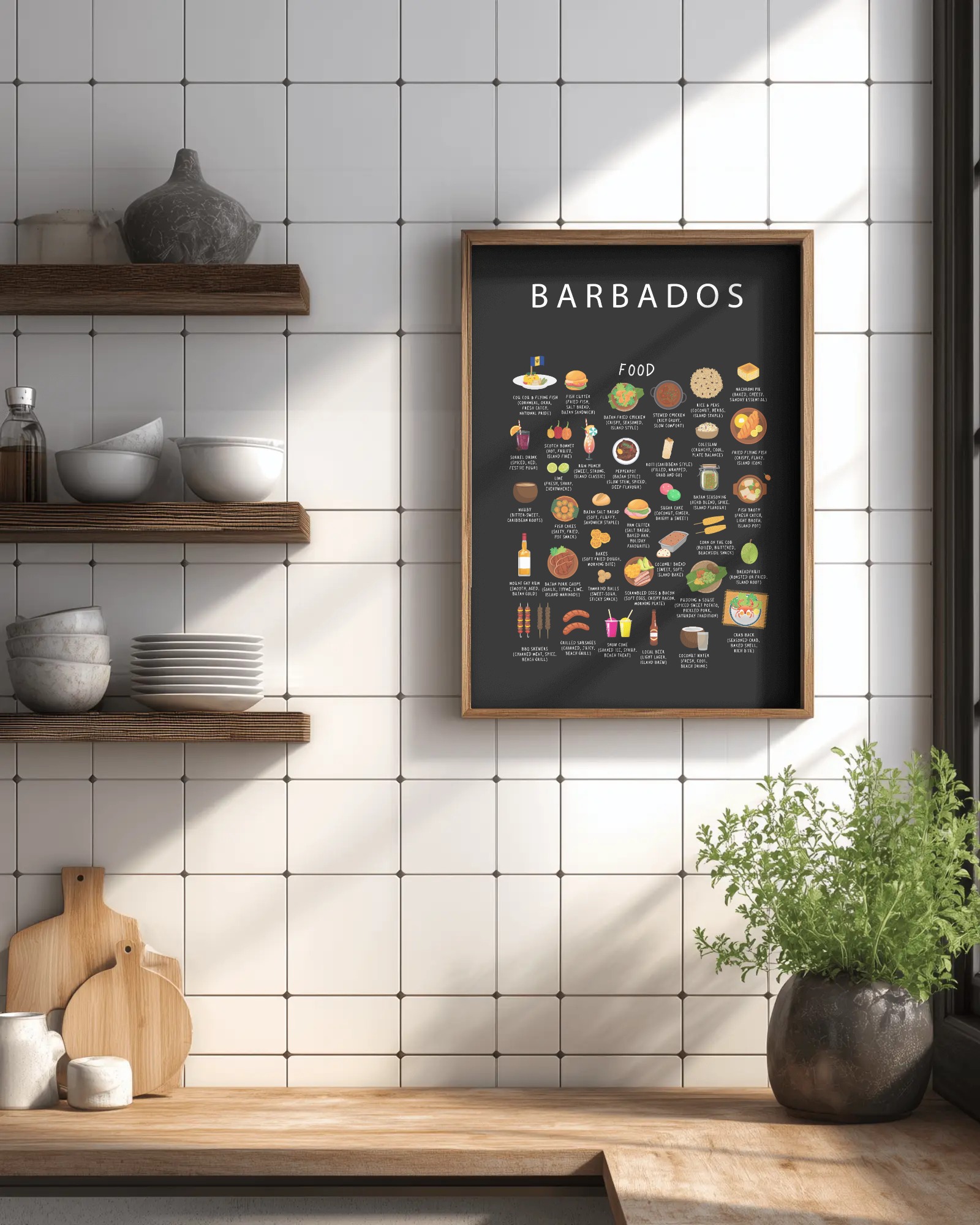 Barbados food collection thumbnail featuring illustrations of Flying Fish and Cou Cou — Maison Maps editorial artwork.