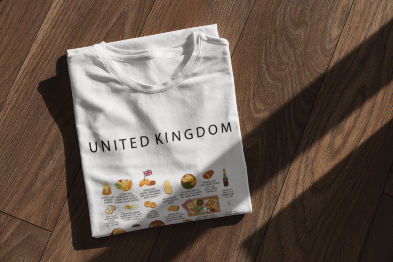 United Kingdom food collection thumbnail featuring illustrations of Fish & Chips and Sunday Roast — Maison Maps editorial artwork.