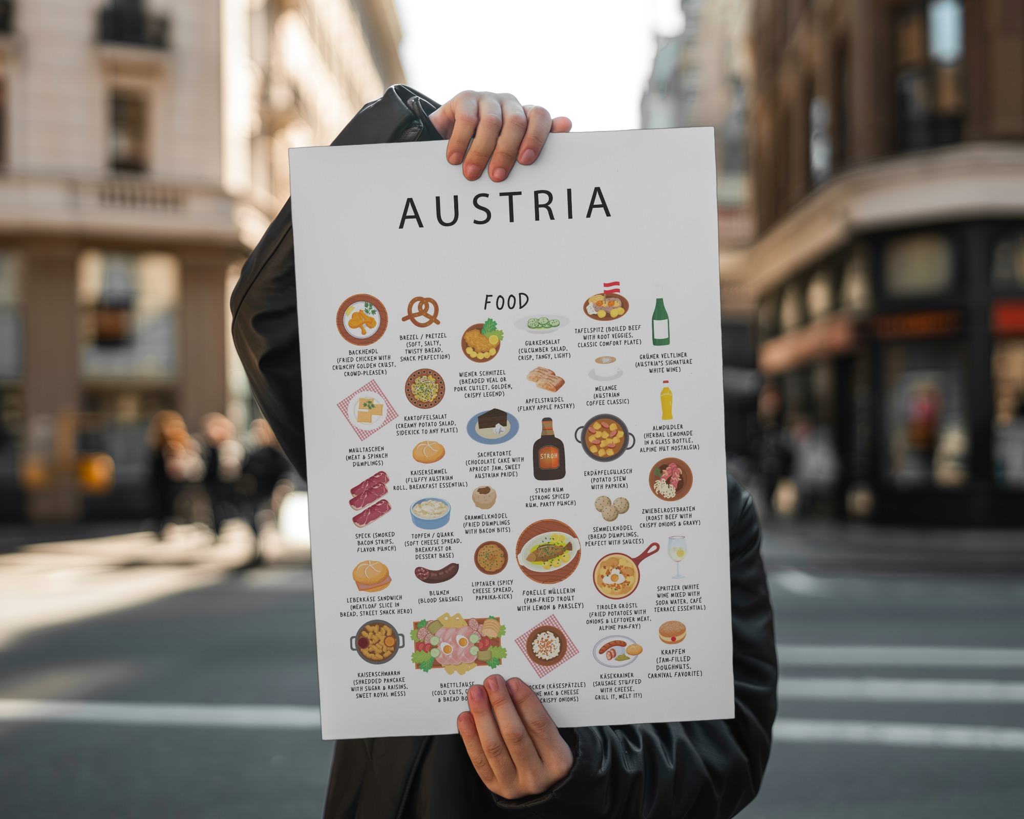White Austria food poster held up on a sunlit Vienna street with soft focus buildings behind