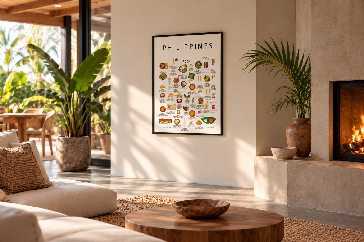White Filipino food poster framed beside a fireplace in a sunlit Japandi living room with palms