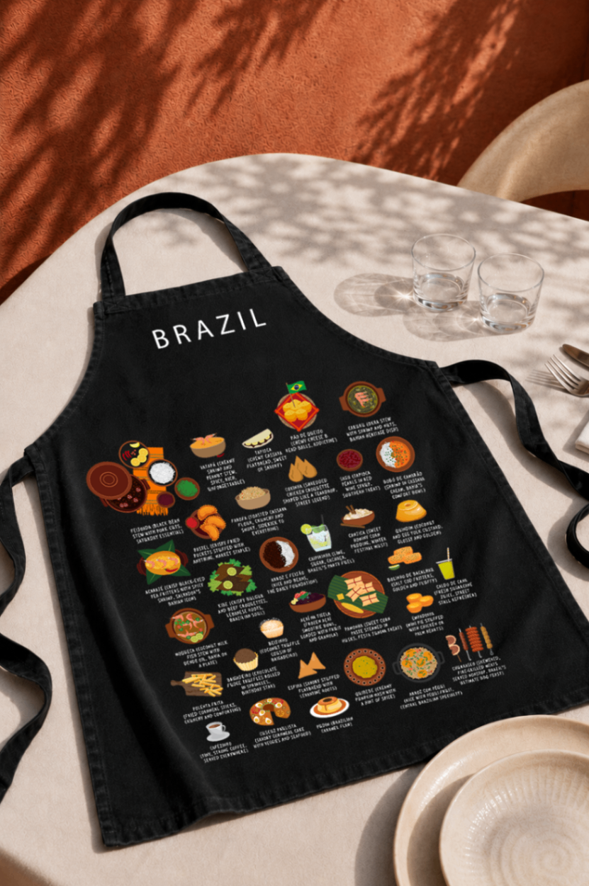 Black Brazil food apron laid on a linen tablecloth beside glassware and cutlery in warm daylight