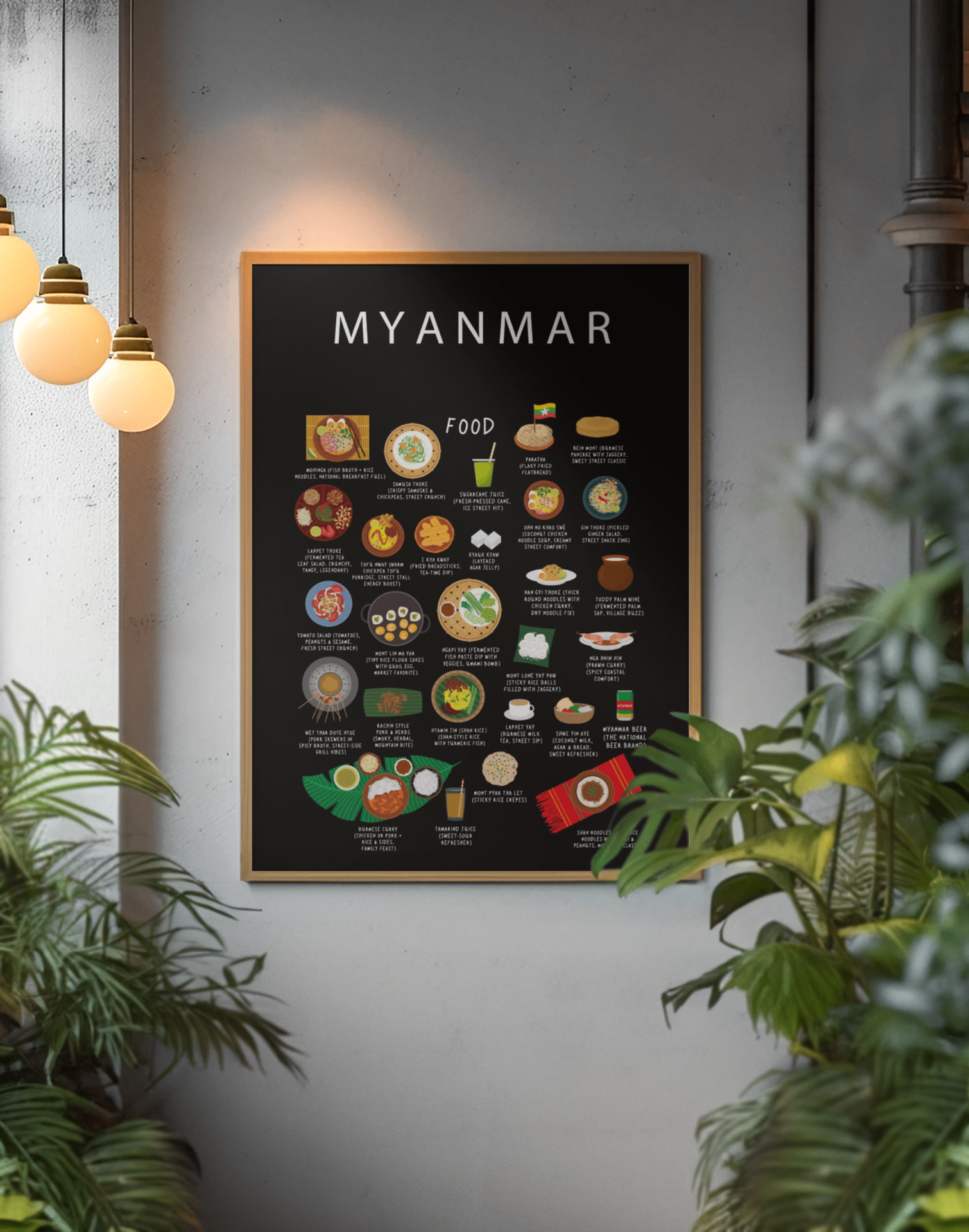 Myanmar food collection thumbnail featuring illustrations of Mohinga and Lahpet — Maison Maps editorial artwork.