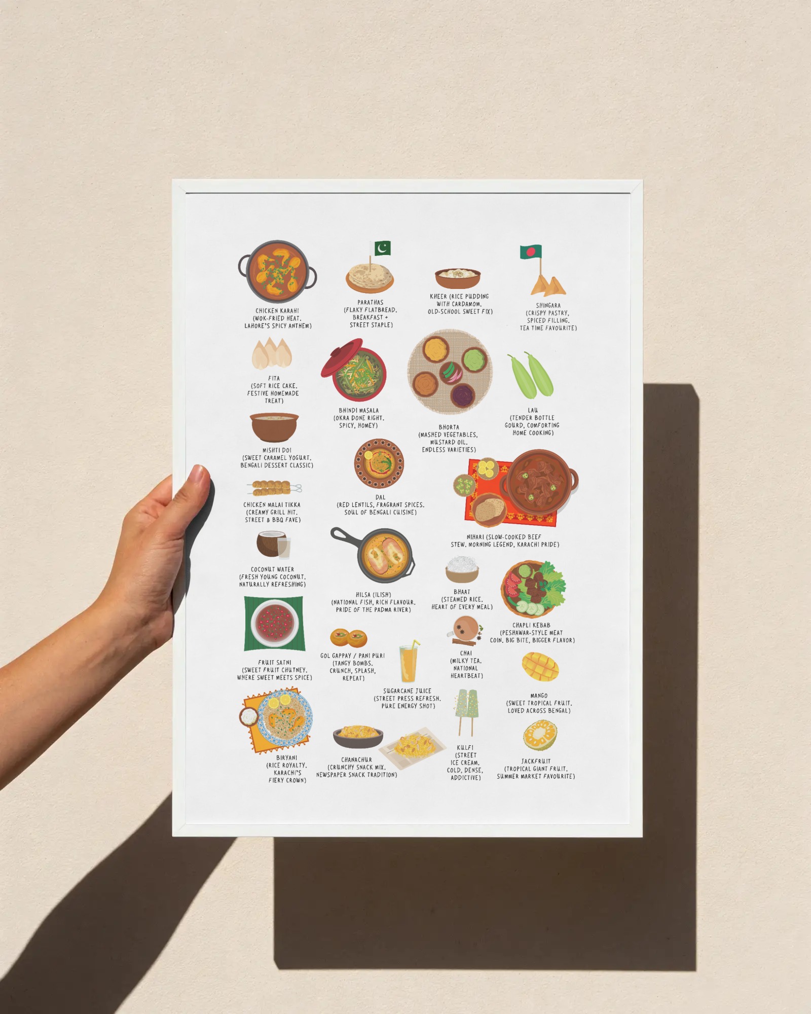White Pakistan food poster held in a white frame in bright sunlight