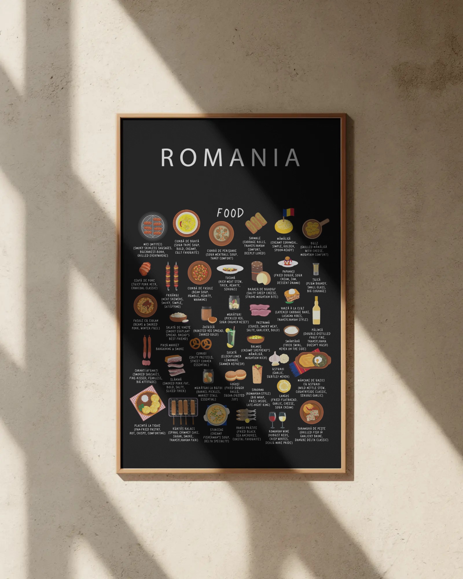 Romania food collection thumbnail featuring illustrations of Sarmale and Mămăligă — Maison Maps editorial artwork.