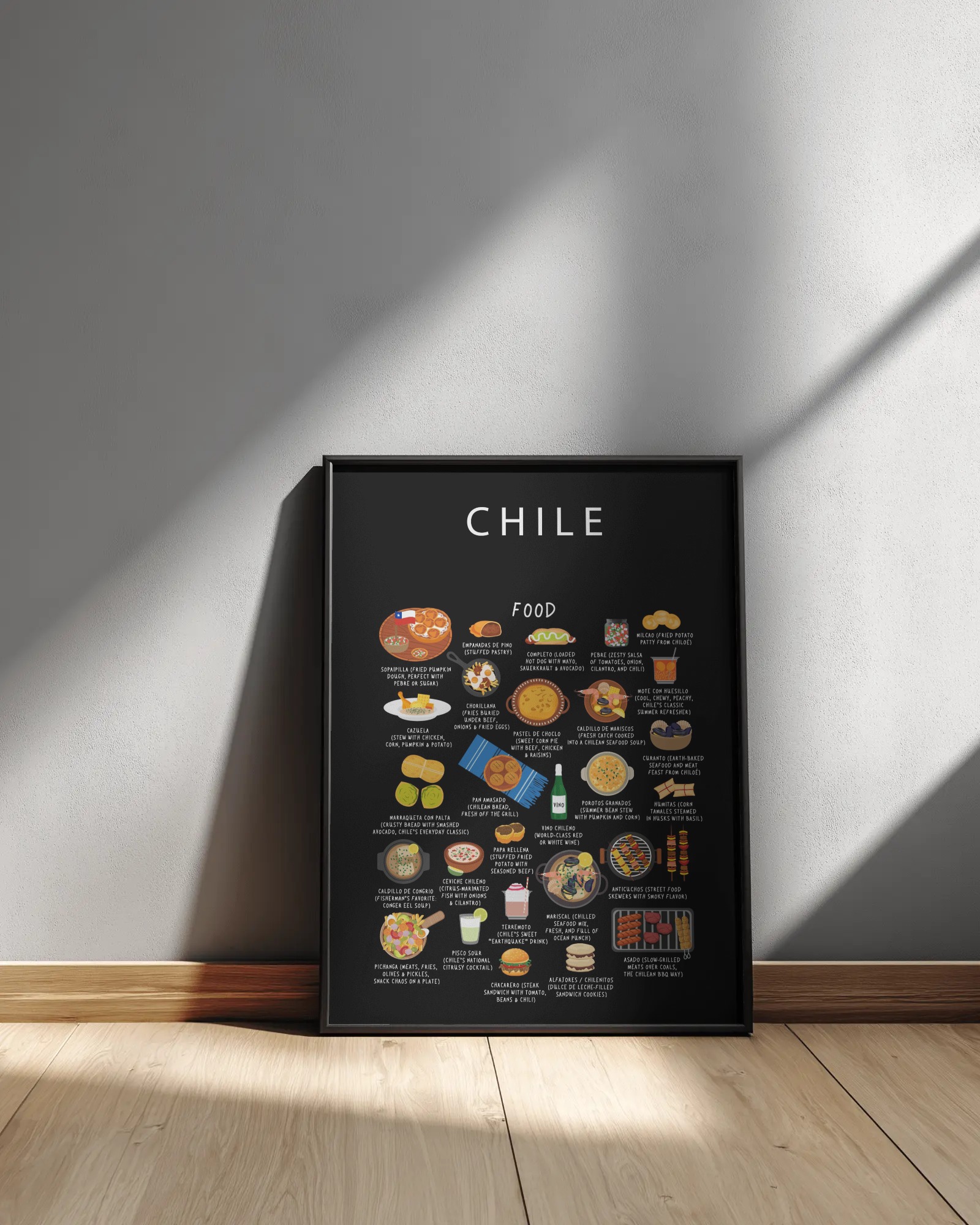 Framed black Chile food poster leaning against a soft grey wall in warm daylight