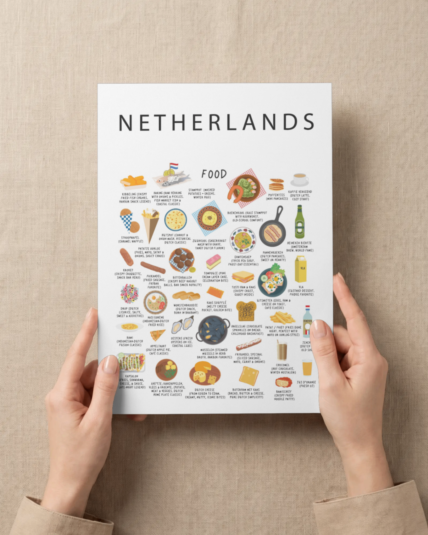Netherlands food poster held against a warm linen backdrop