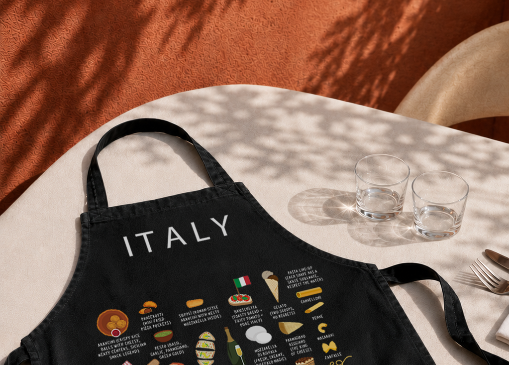 Sunlit textured Italian wall with a framed Italy food poster