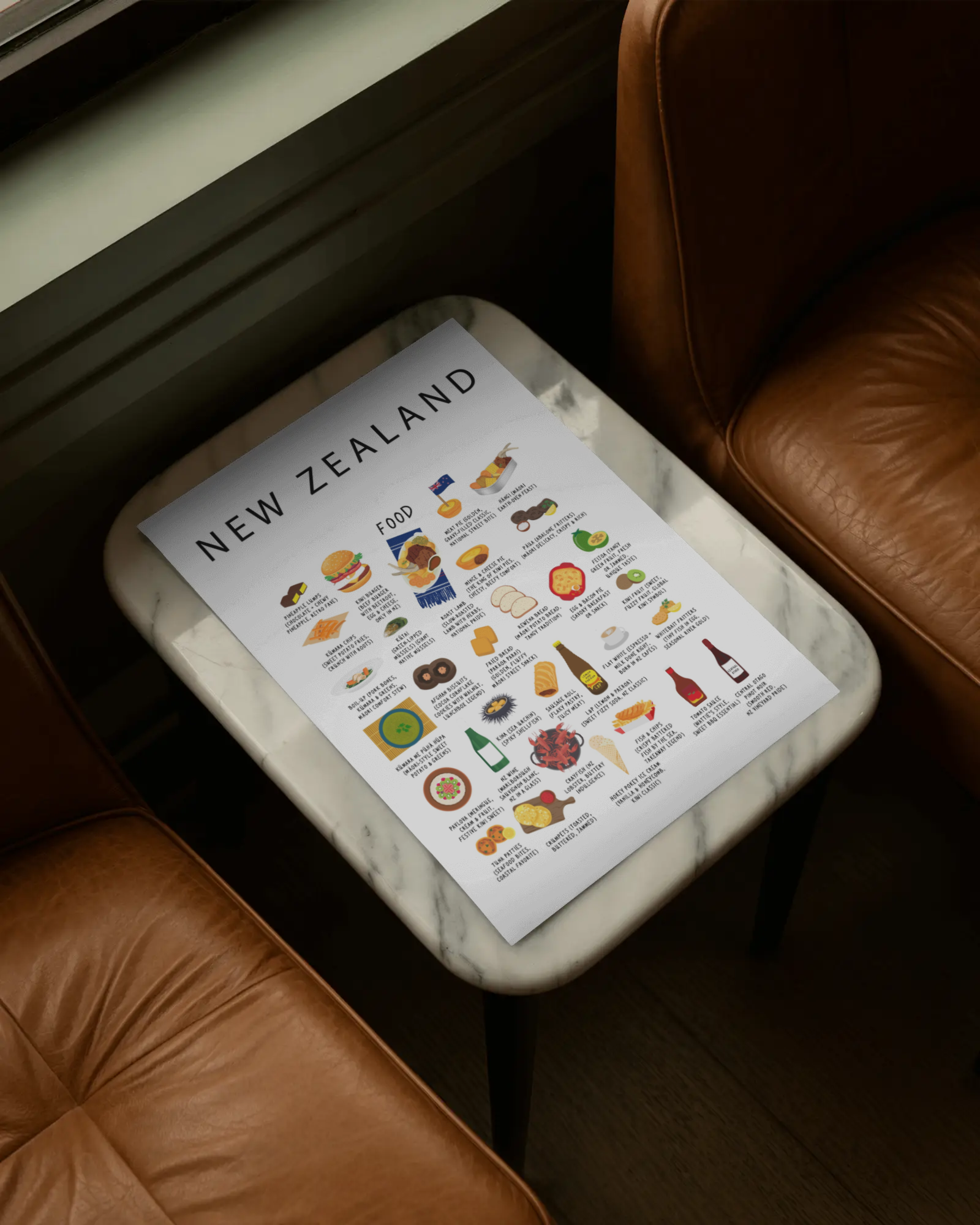 New Zealand food collection thumbnail featuring illustrations of Pavlova and Hāngī — Maison Maps editorial artwork.