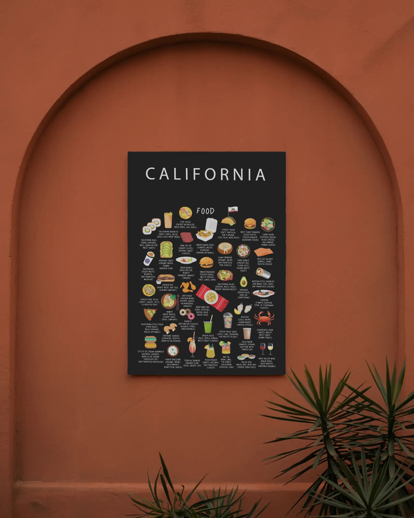 California food poster on a terracotta wall inside a sunlit archway