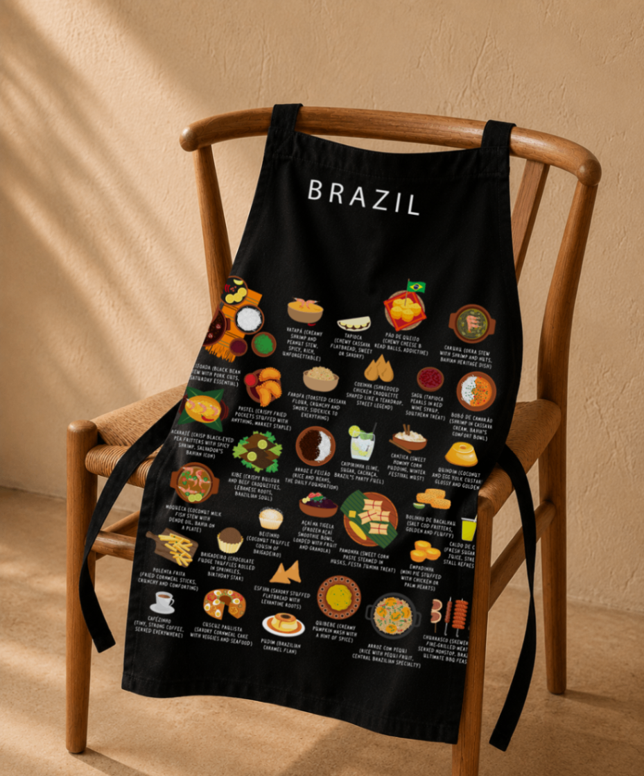 Black Brazil food apron hung on a curved wooden chair with soft leaf shadows on a warm wall