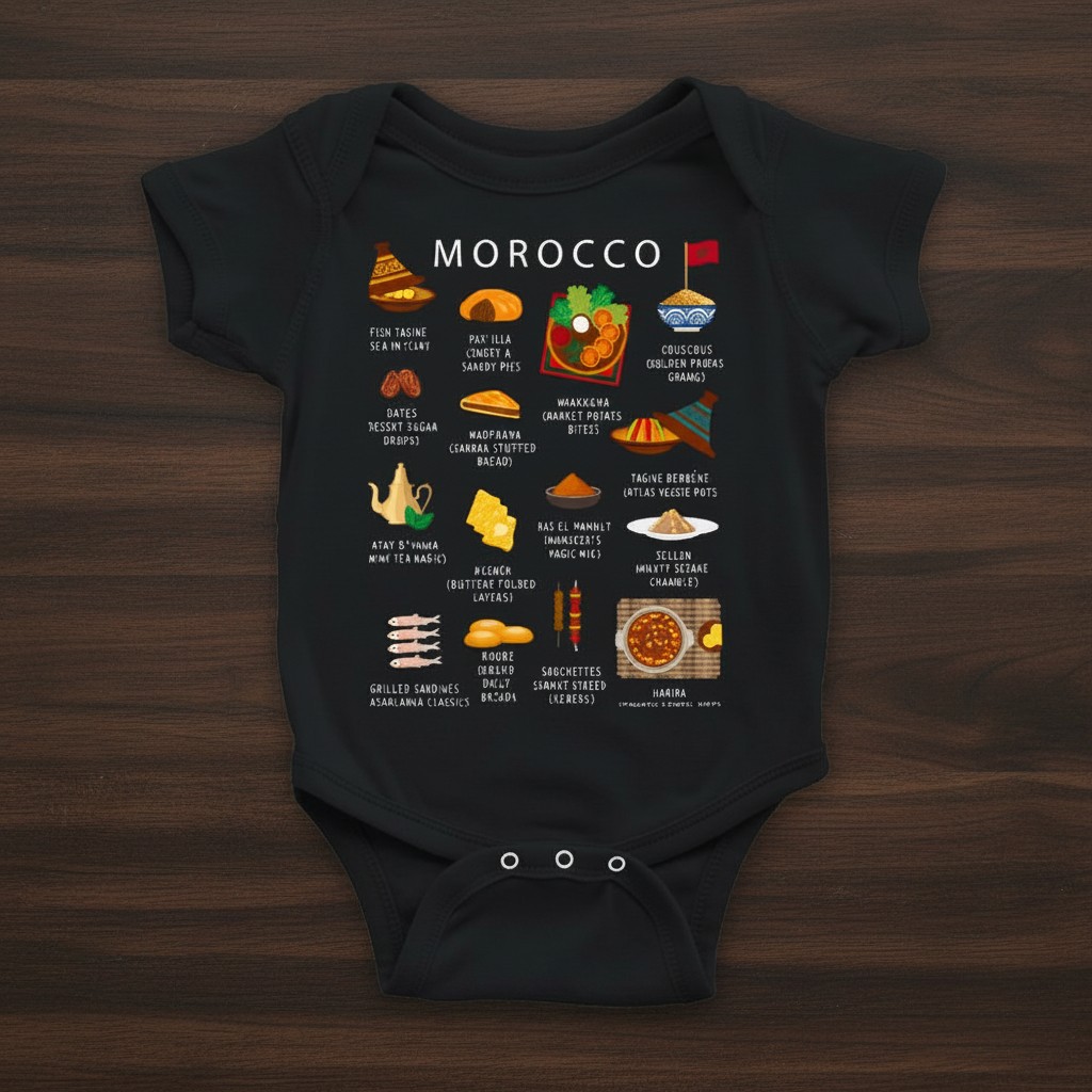 Black Morocco food baby onesie styled on a dark wooden surface