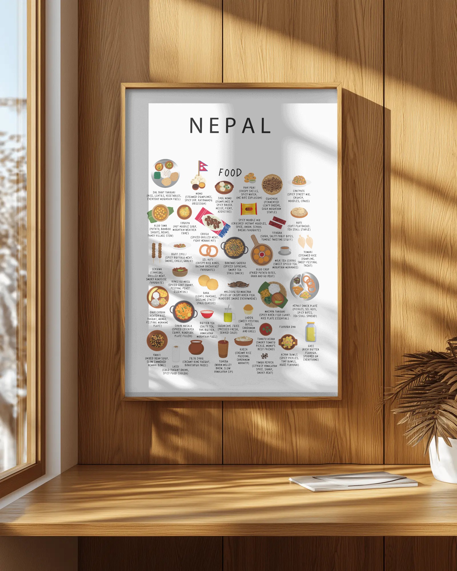 Framed white Nepal food poster on a sunlit oak-panelled wall