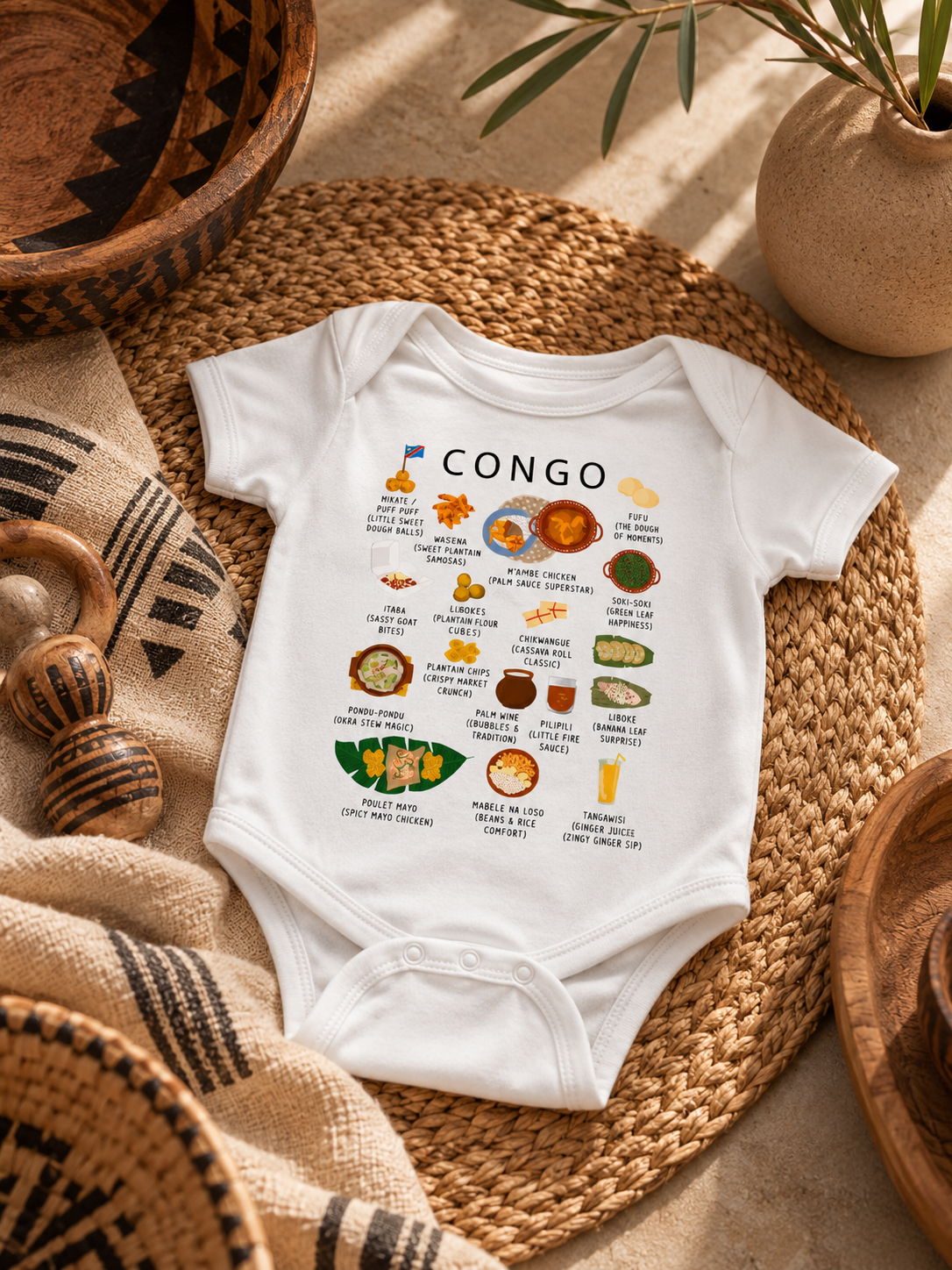 White Congo food baby bodysuit styled flat in soft natural light