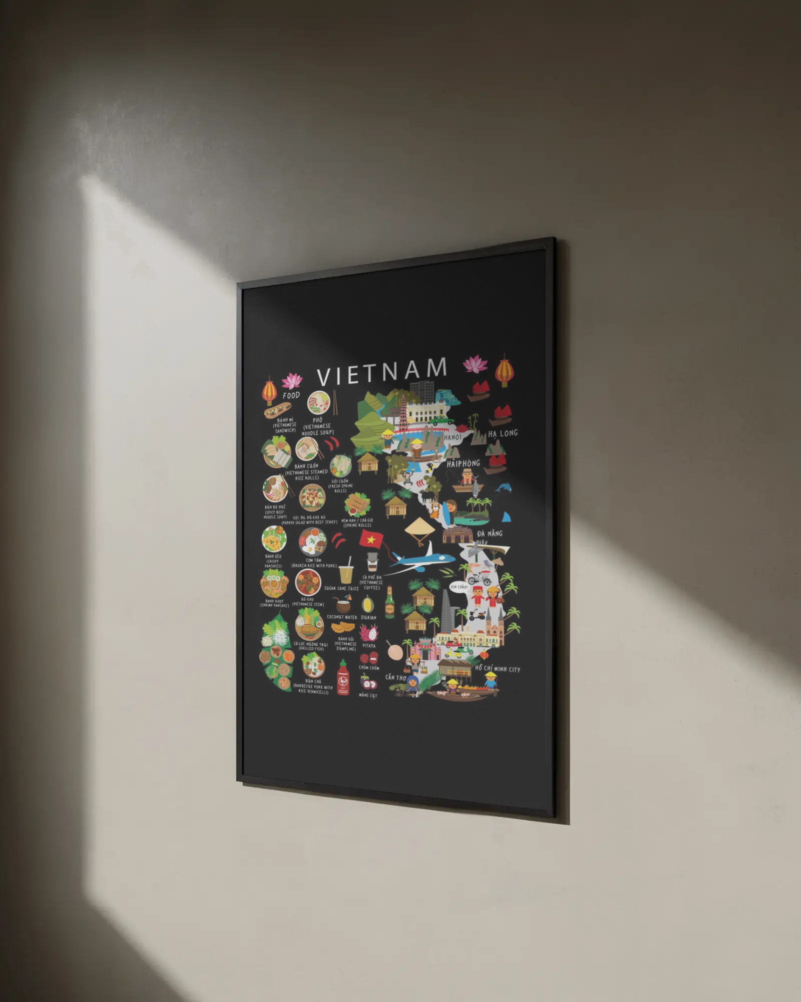 Maison Maps Vietnam illustrated kids poster framed on a soft neutral wall in warm daylight.