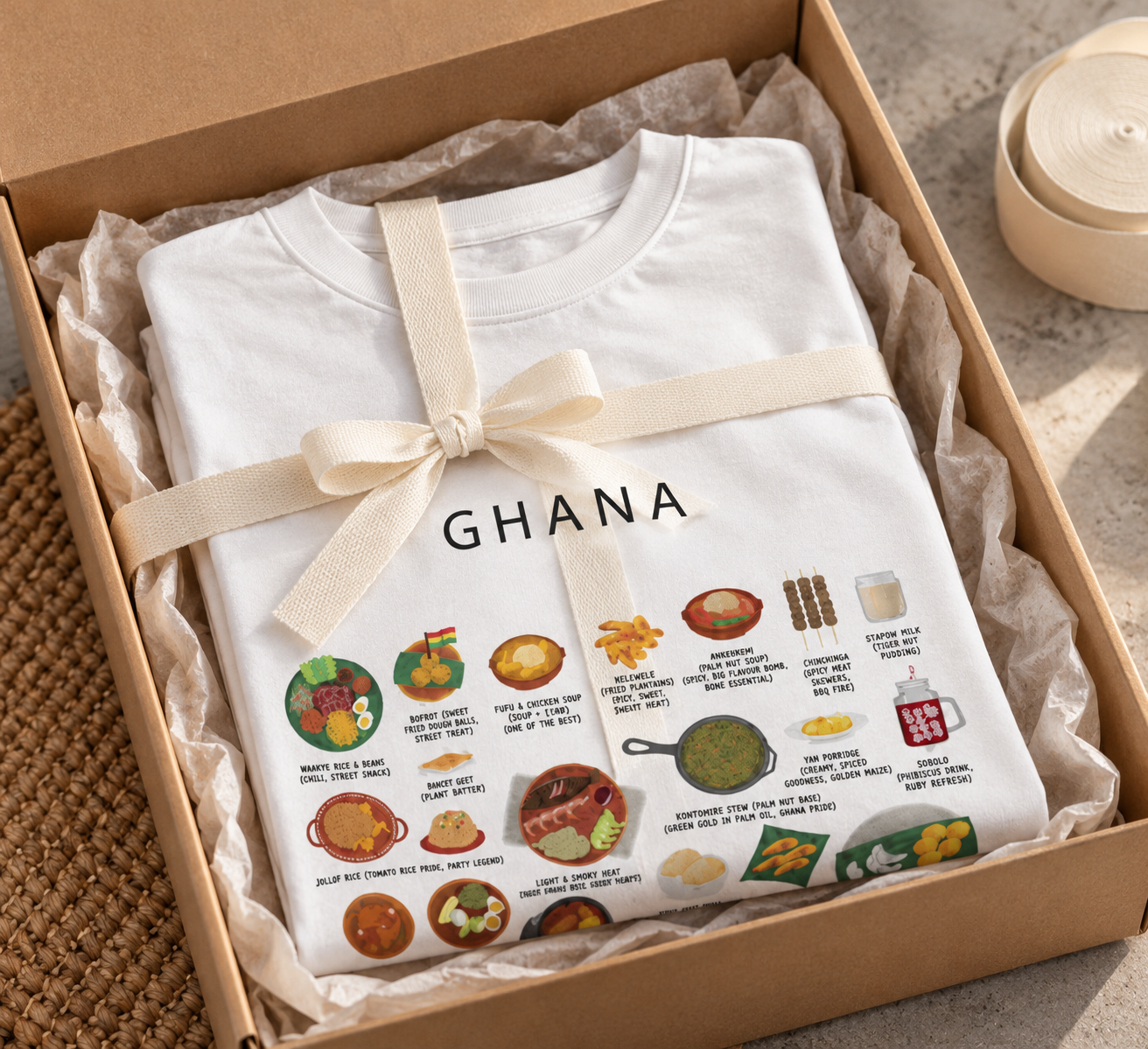 Ghana food T-shirt folded in a gift box