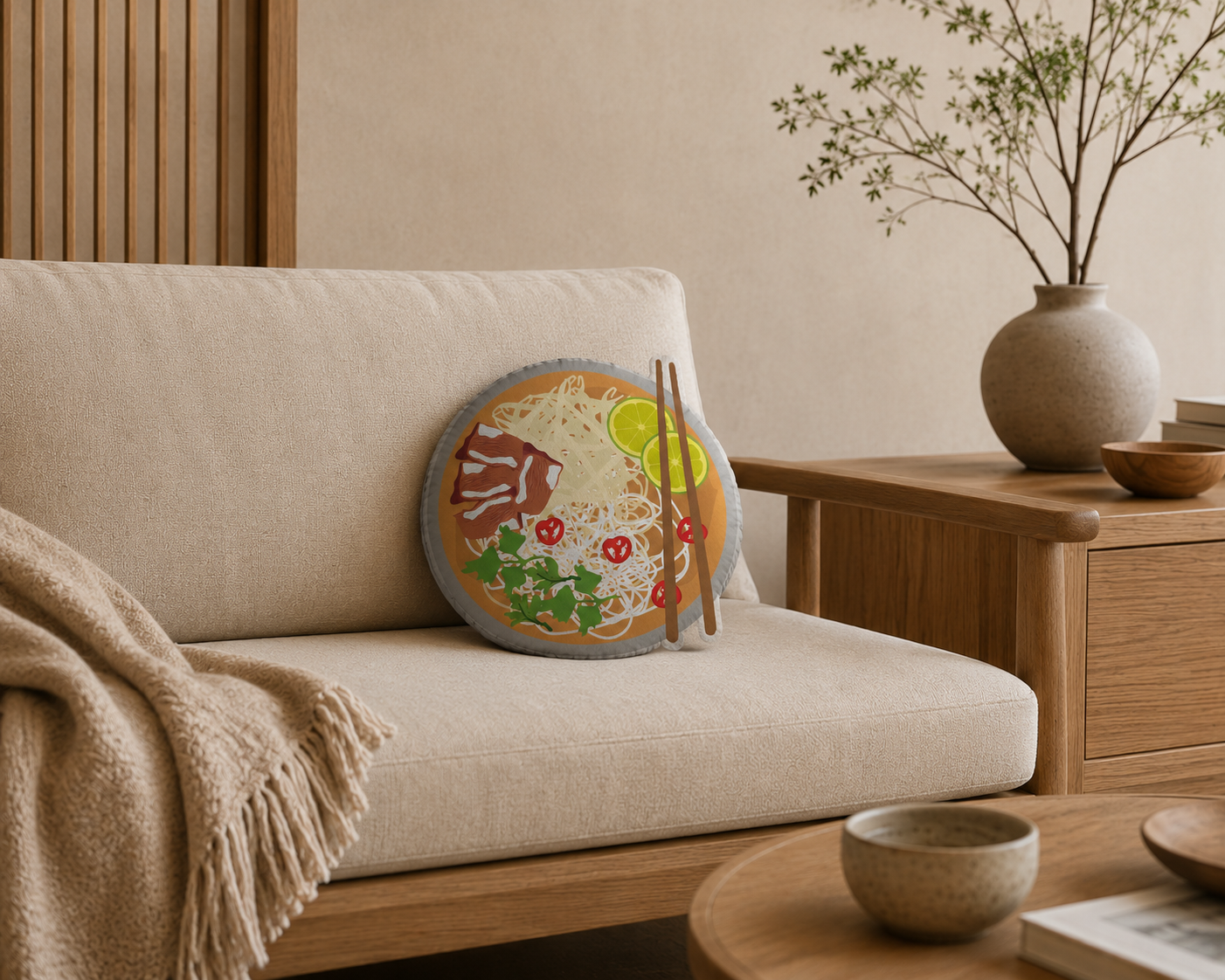 Vietnam-inspired illustrated food cushions in a warm home interior