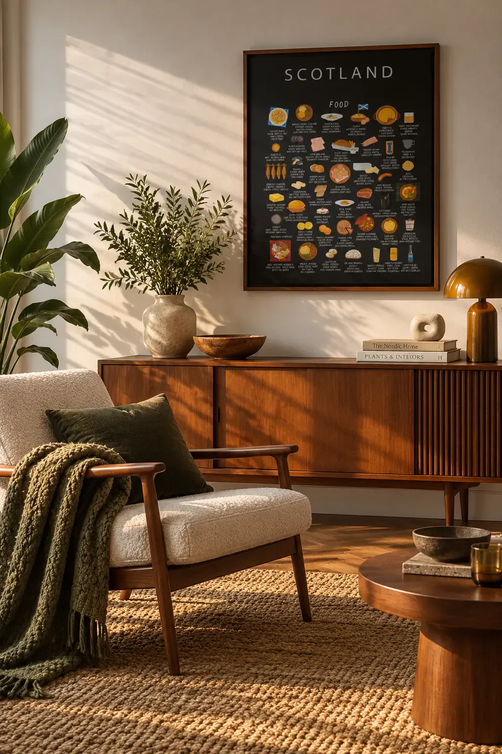 Black Scotland food poster framed above a walnut sideboard in a warm mid-century reading nook with a wool throw