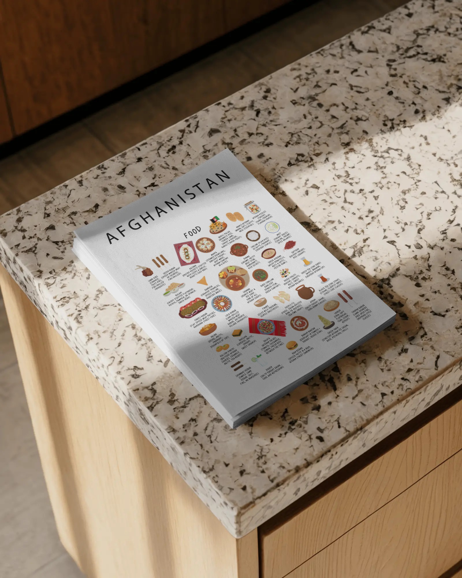 White Afghanistan food poster resting on a granite kitchen counter in soft daylight