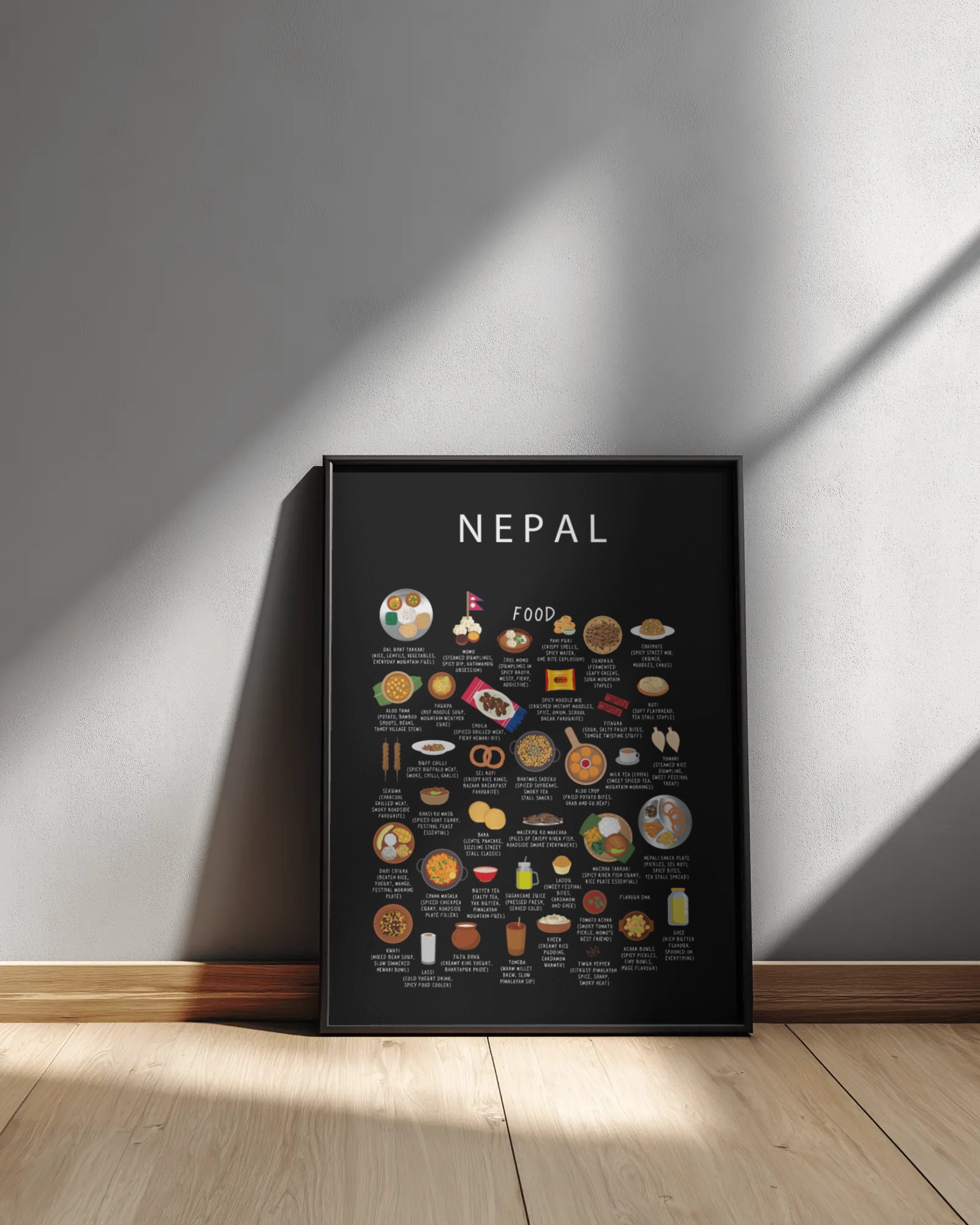 Framed black Nepal food poster resting against a pale wall in diagonal sunlight