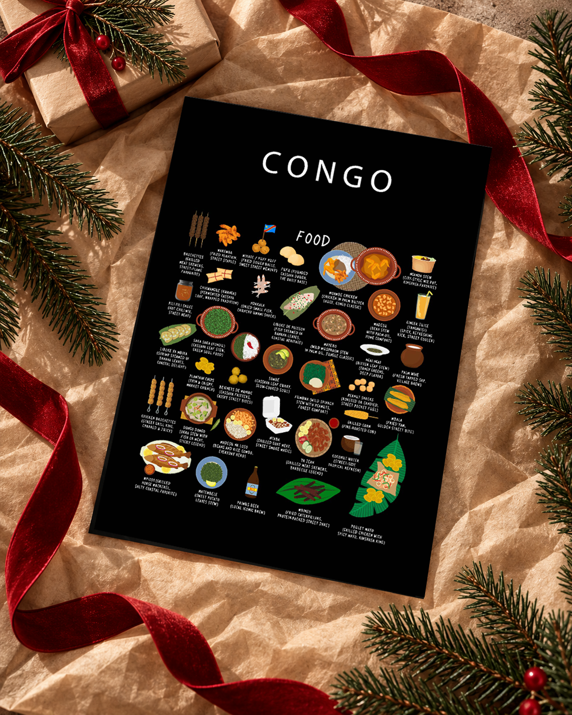 Congo food poster in a festive flat lay with seasonal greenery