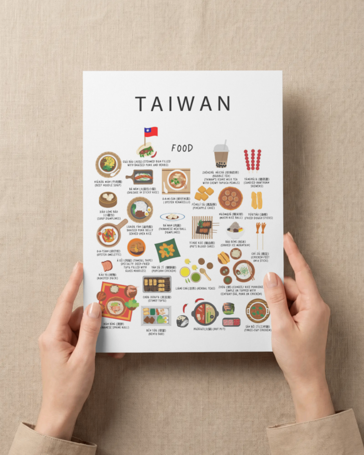 Taiwan food collection thumbnail featuring illustrations of Beef Noodle and Xiao Long Bao — Maison Maps editorial artwork.