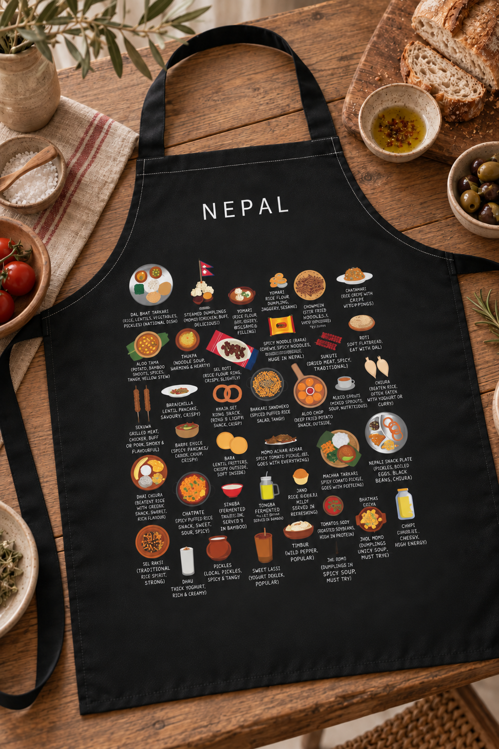 Black Nepal food apron on a wooden table among bread, tomatoes and handmade ceramics