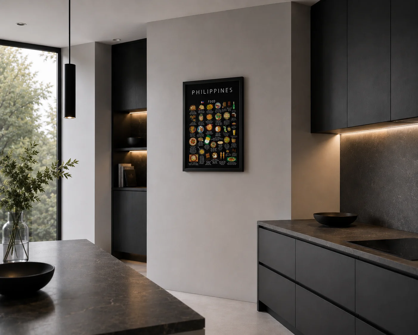 Black framed illustrated Philippines food poster on a pale plaster wall in a matte black modern kitchen