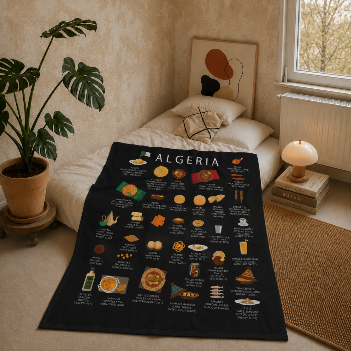 Black Algeria food blanket draped across a linen bed in a warm plaster-walled bedroom