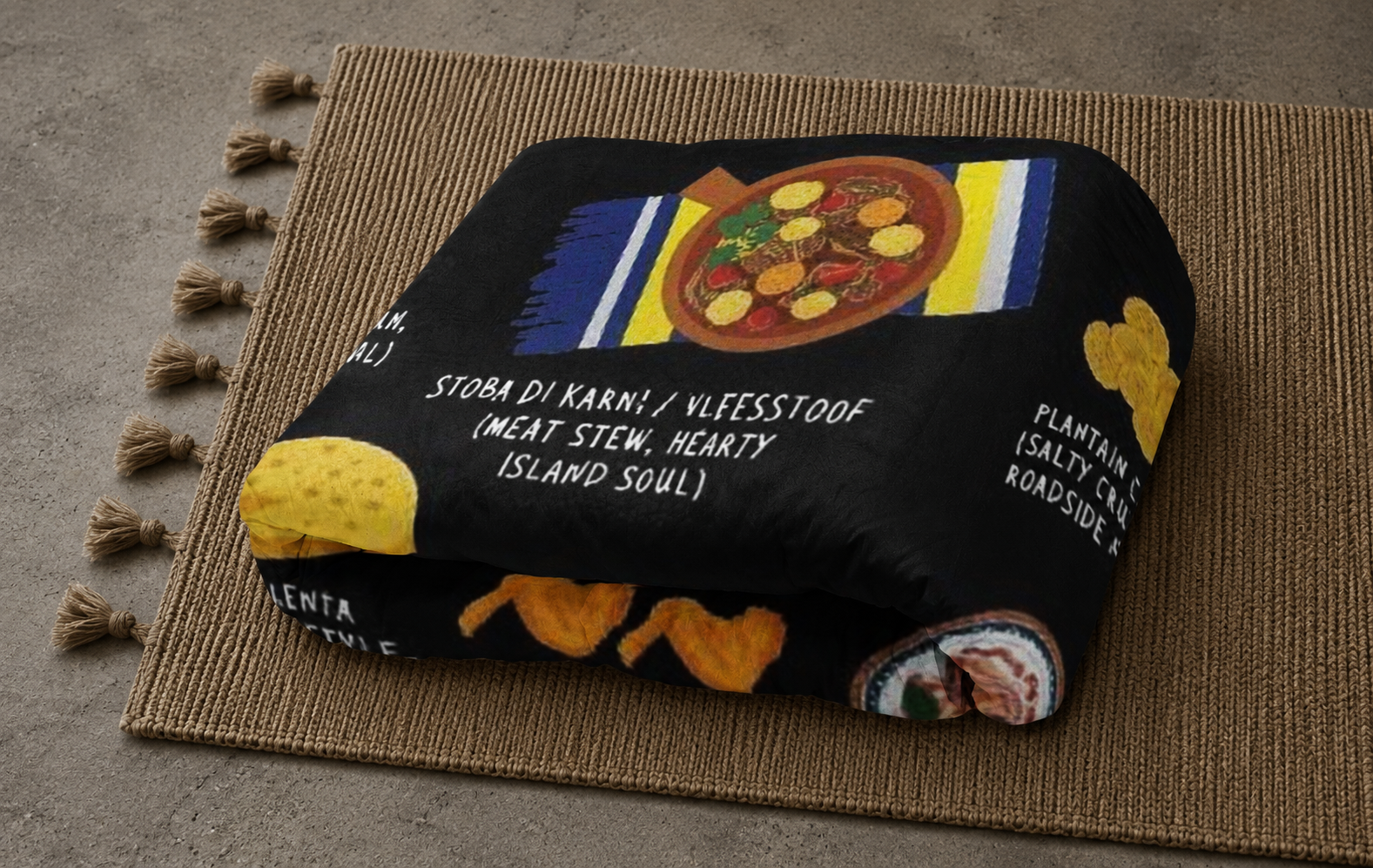 Folded Curaçao food blanket on a woven jute mat in soft directional daylight