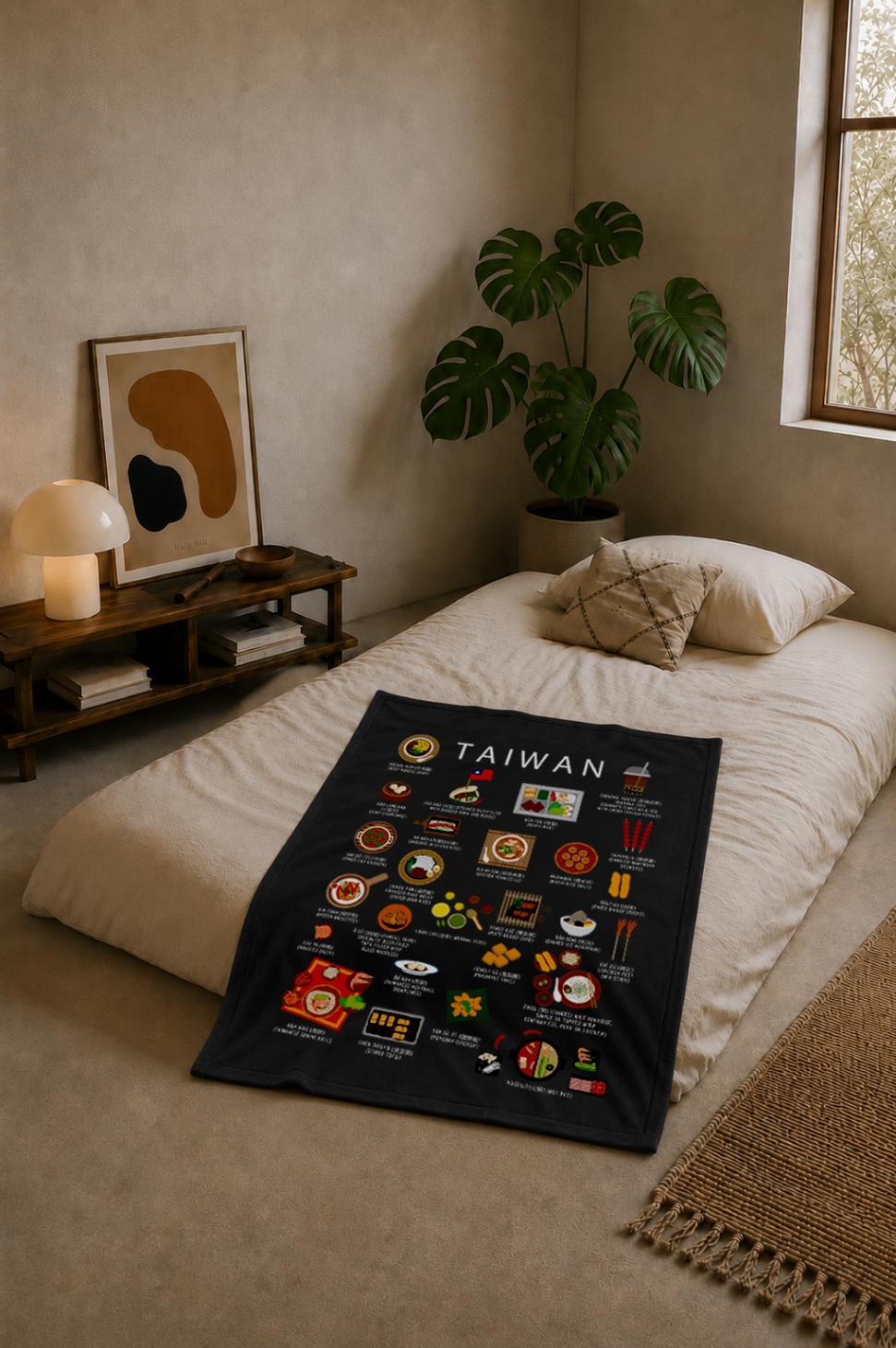 Taiwan food blanket draped over a linen bed in a warm plaster-walled bedroom