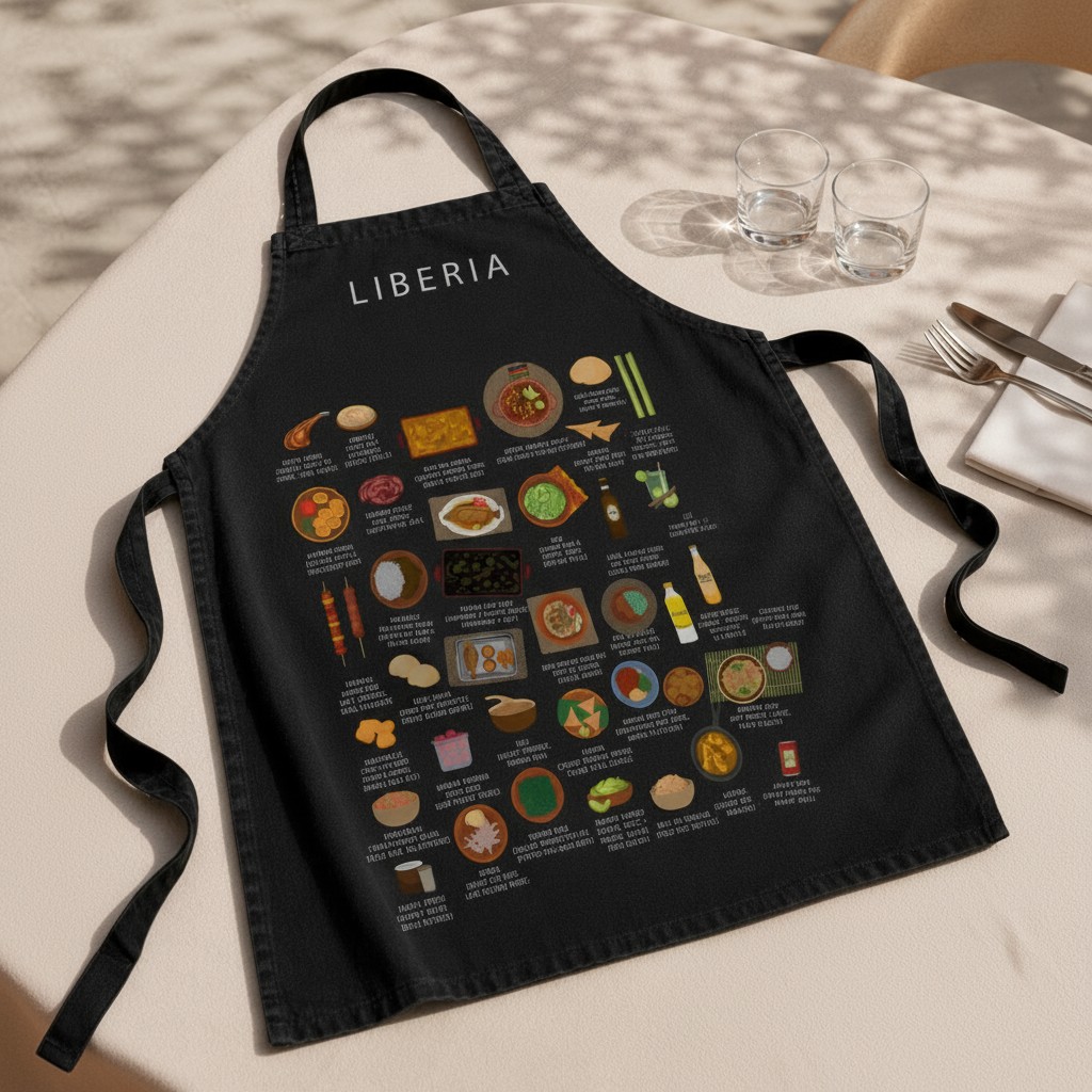Black Liberia food apron laid across a sunlit outdoor table with palm shadows and water glasses