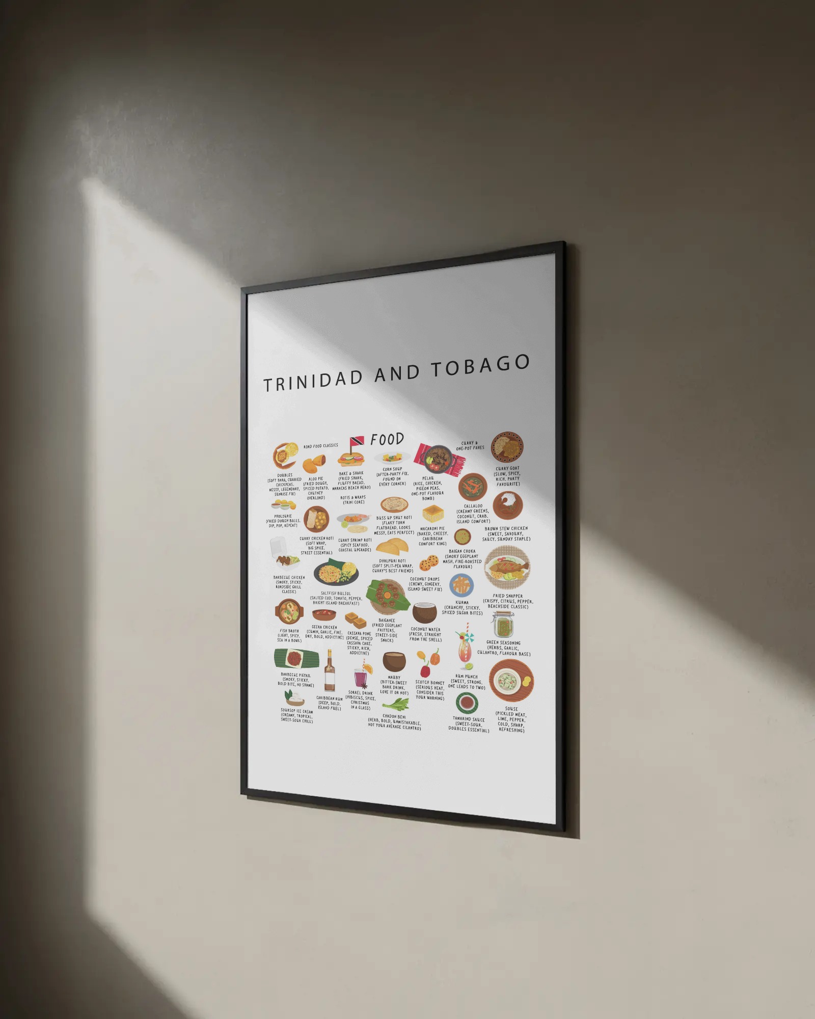 Trinidad & Tobago food collection thumbnail featuring illustrations of Doubles and Roti — Maison Maps editorial artwork.
