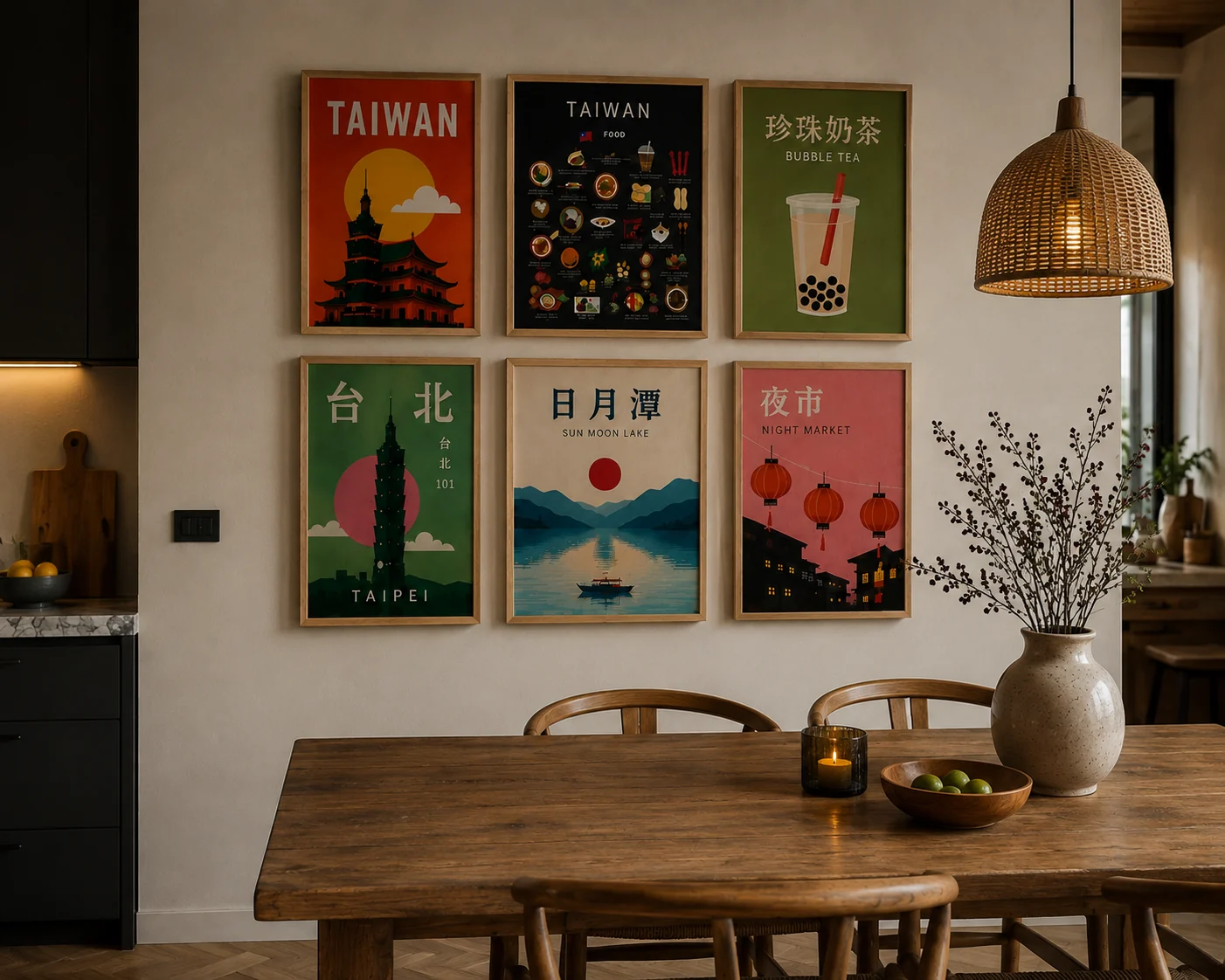 Set of six framed Taiwan posters as a gallery wall above a wooden dining table, next to an open kitchen