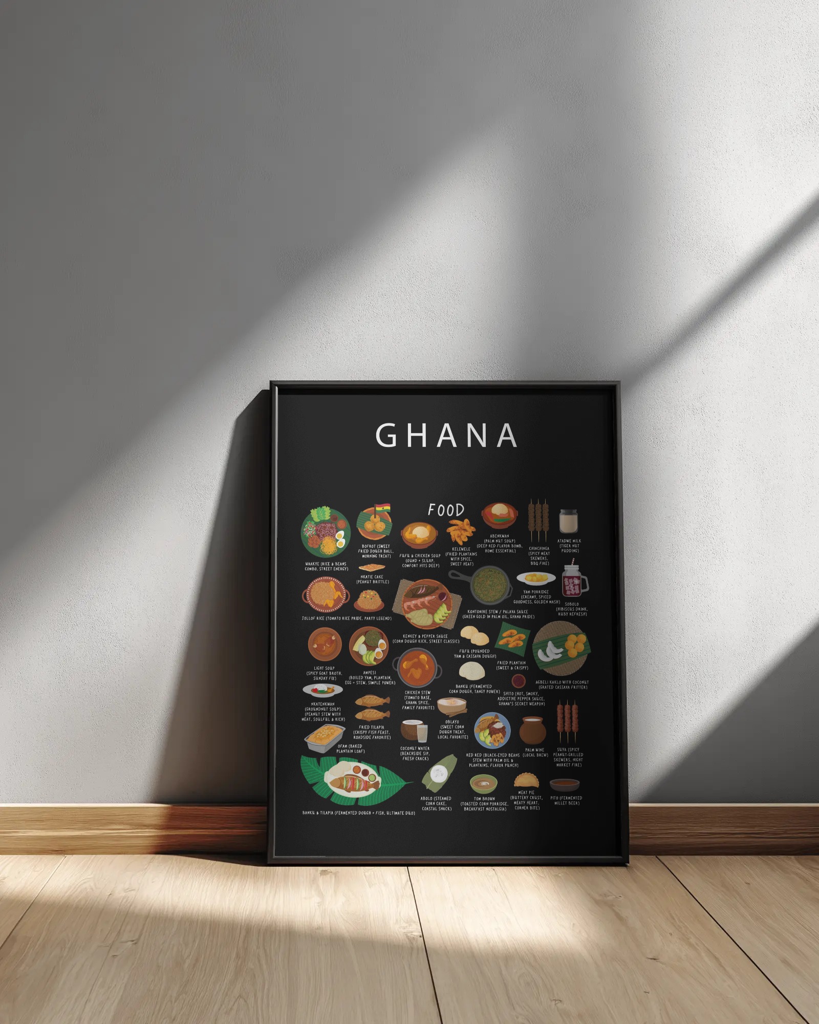 Ghana food collection thumbnail featuring illustrations of Jollof and Waakye — Maison Maps editorial artwork.