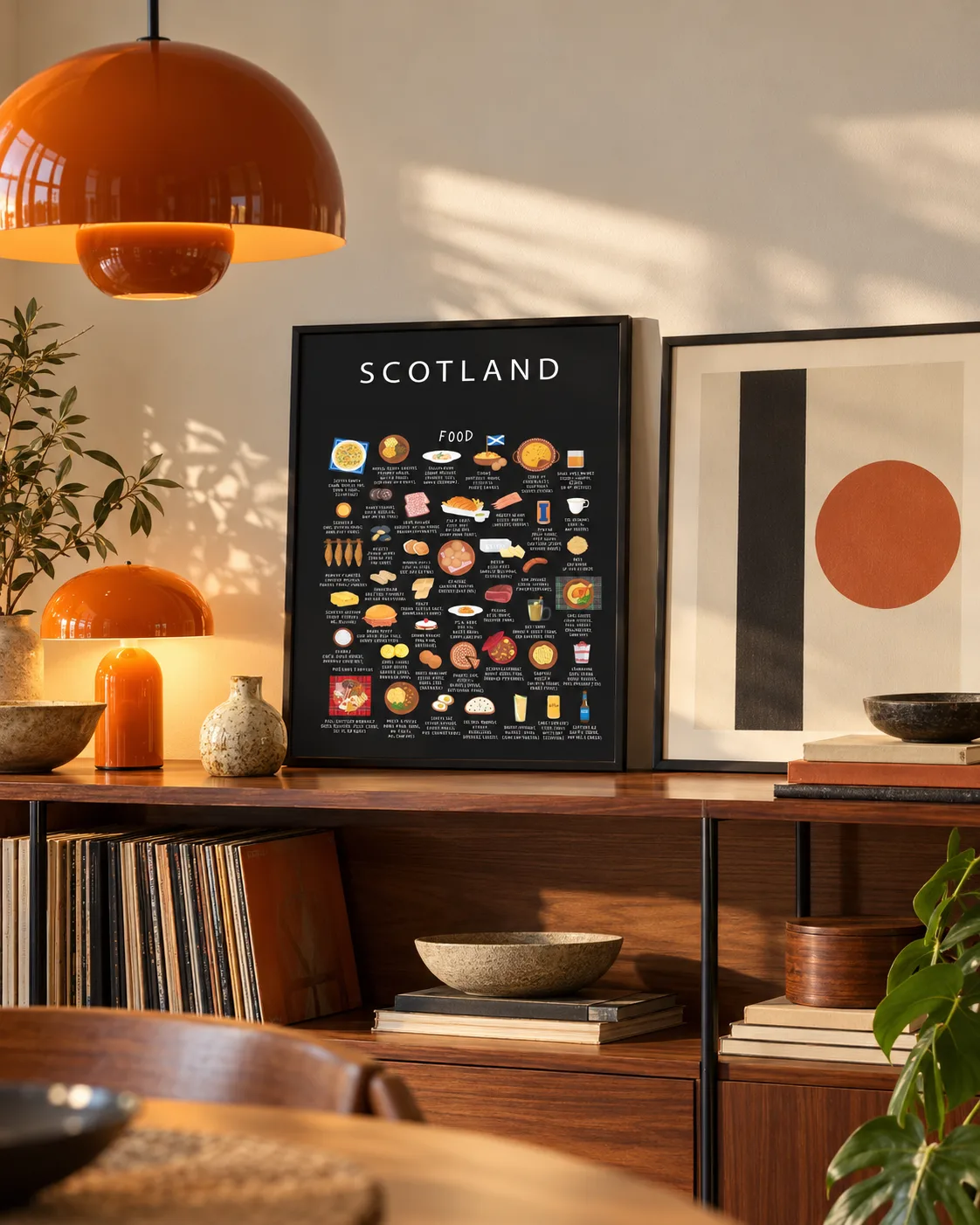 Black Scotland food poster on a walnut sideboard beside an orange lamp in warm evening light