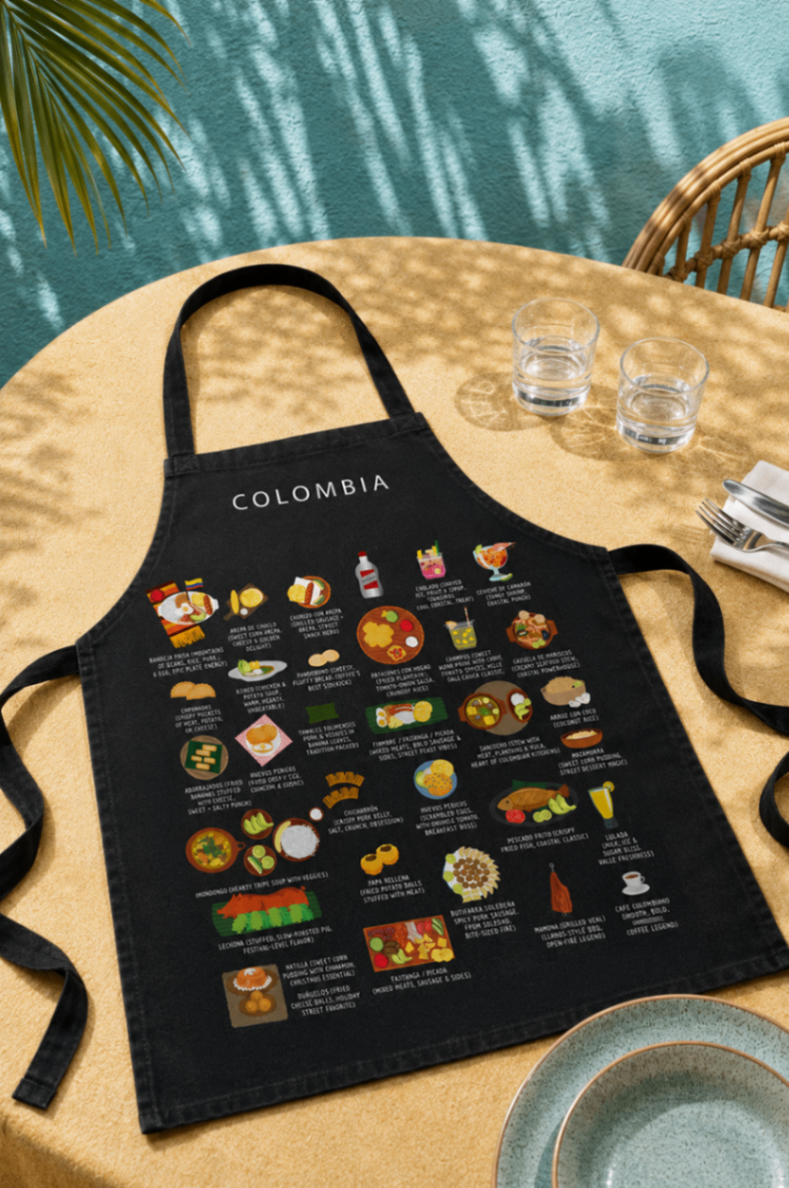 Black Colombia food apron laid on a sun-dappled outdoor table beside two glasses of water