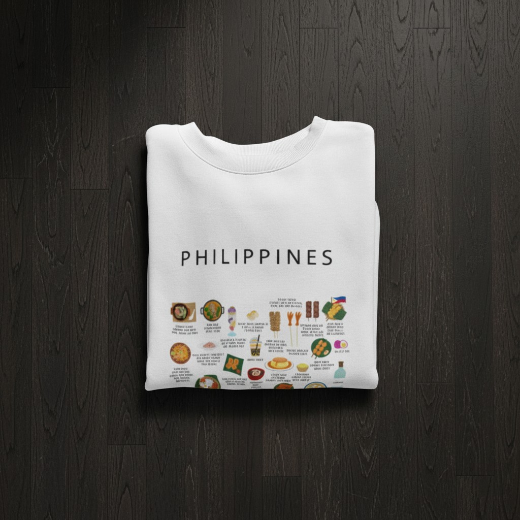 White Philippines sweatshirt folded neatly on a dark wooden surface