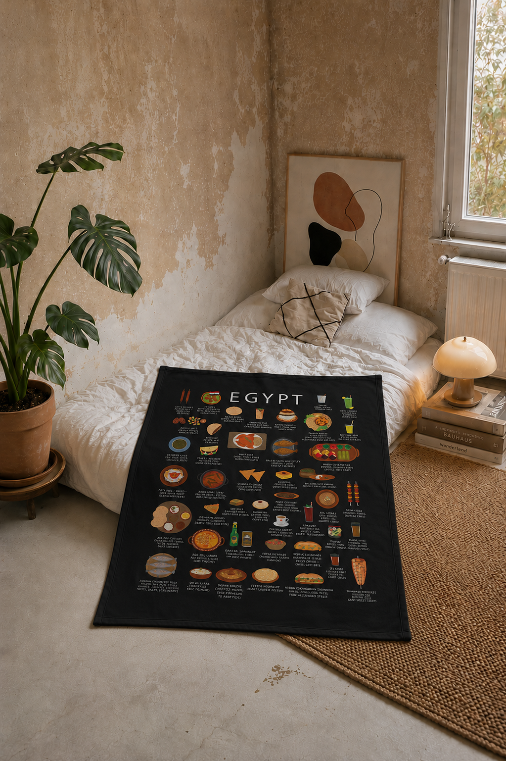 Black Egypt food blanket draped over a linen bed in a warm plaster-walled bedroom with monstera