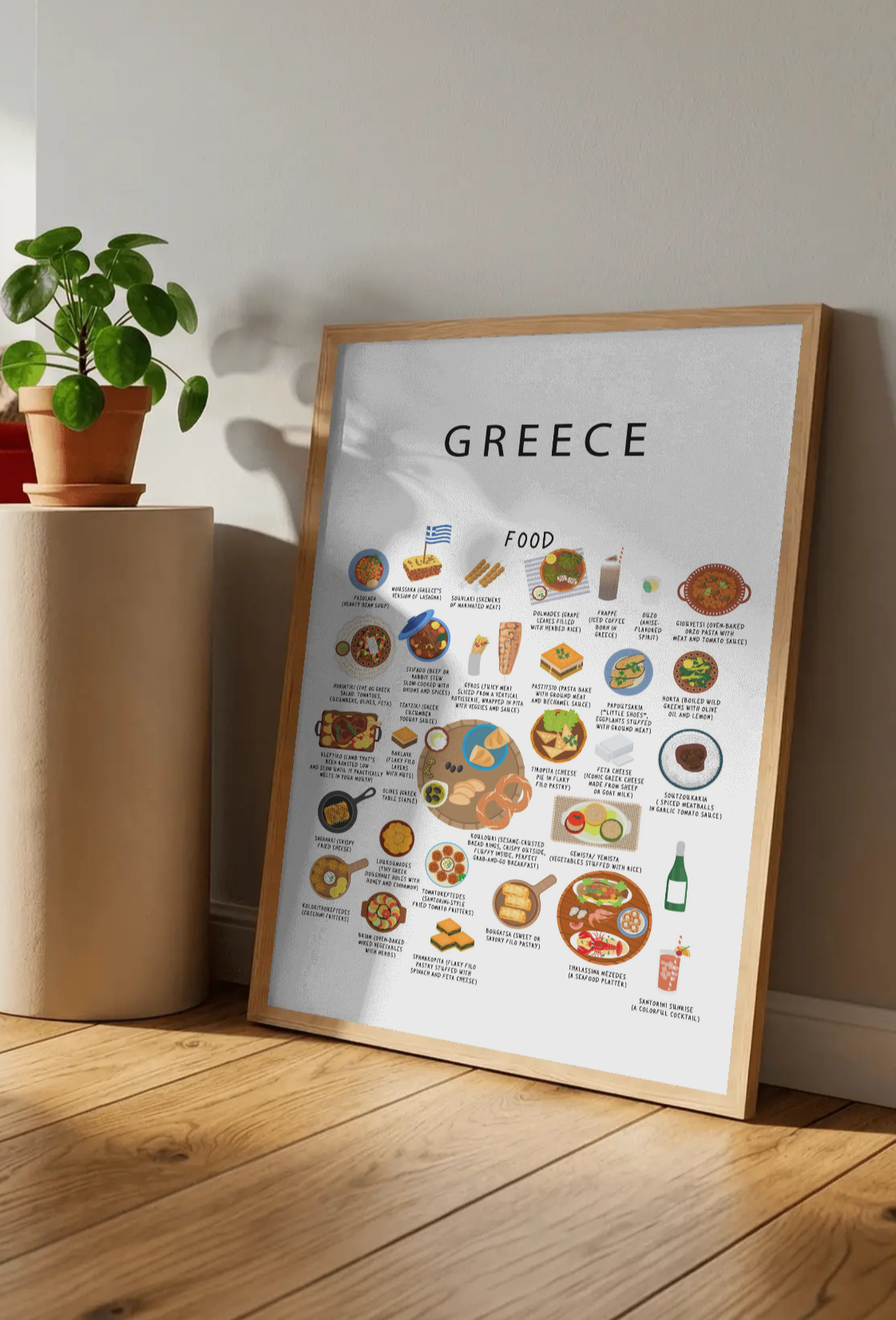 Greece food collection thumbnail featuring illustrations of Feta and Olives — Maison Maps editorial artwork.