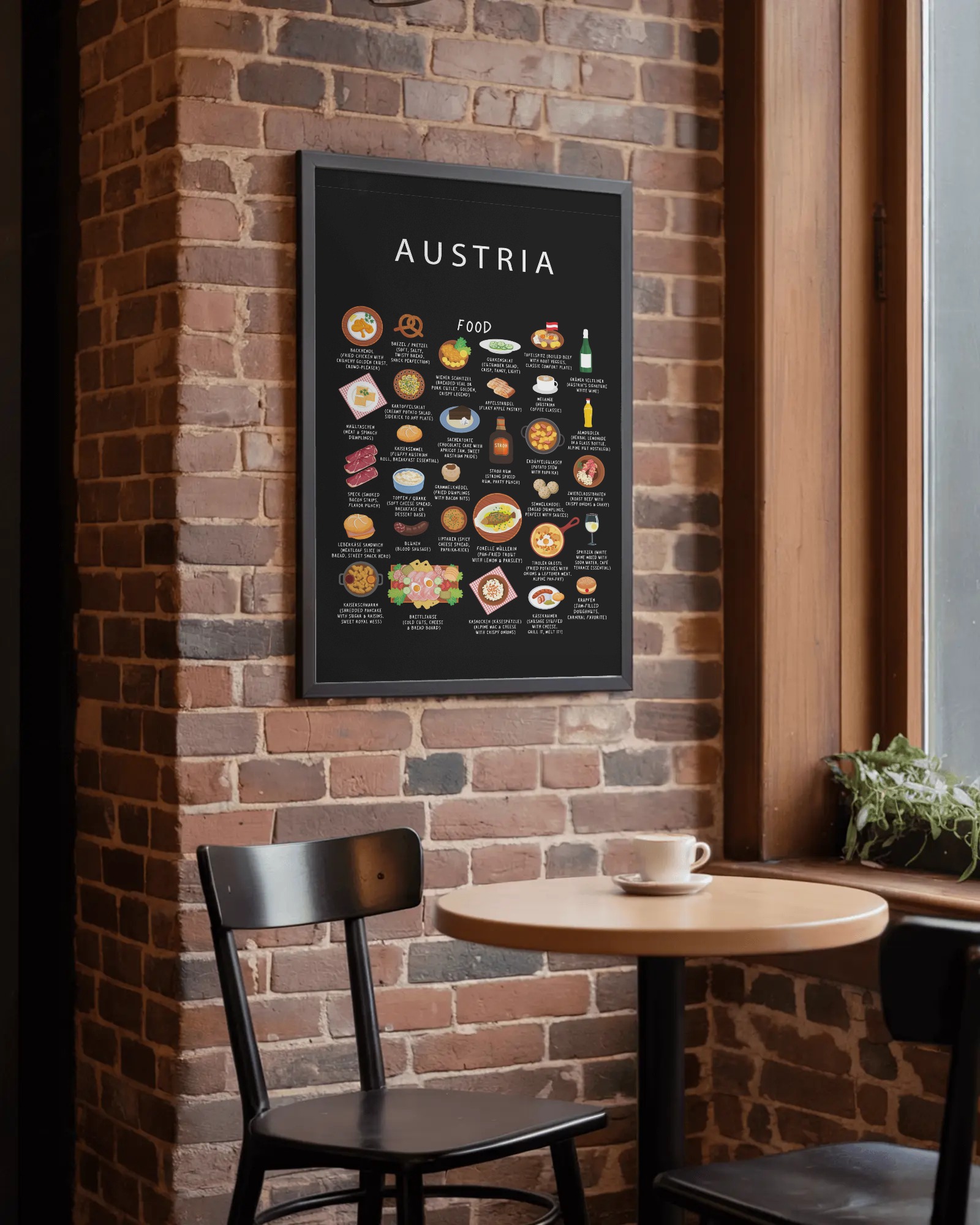 Austria food collection thumbnail featuring illustrations of Schnitzel and Sachertorte — Maison Maps editorial artwork.