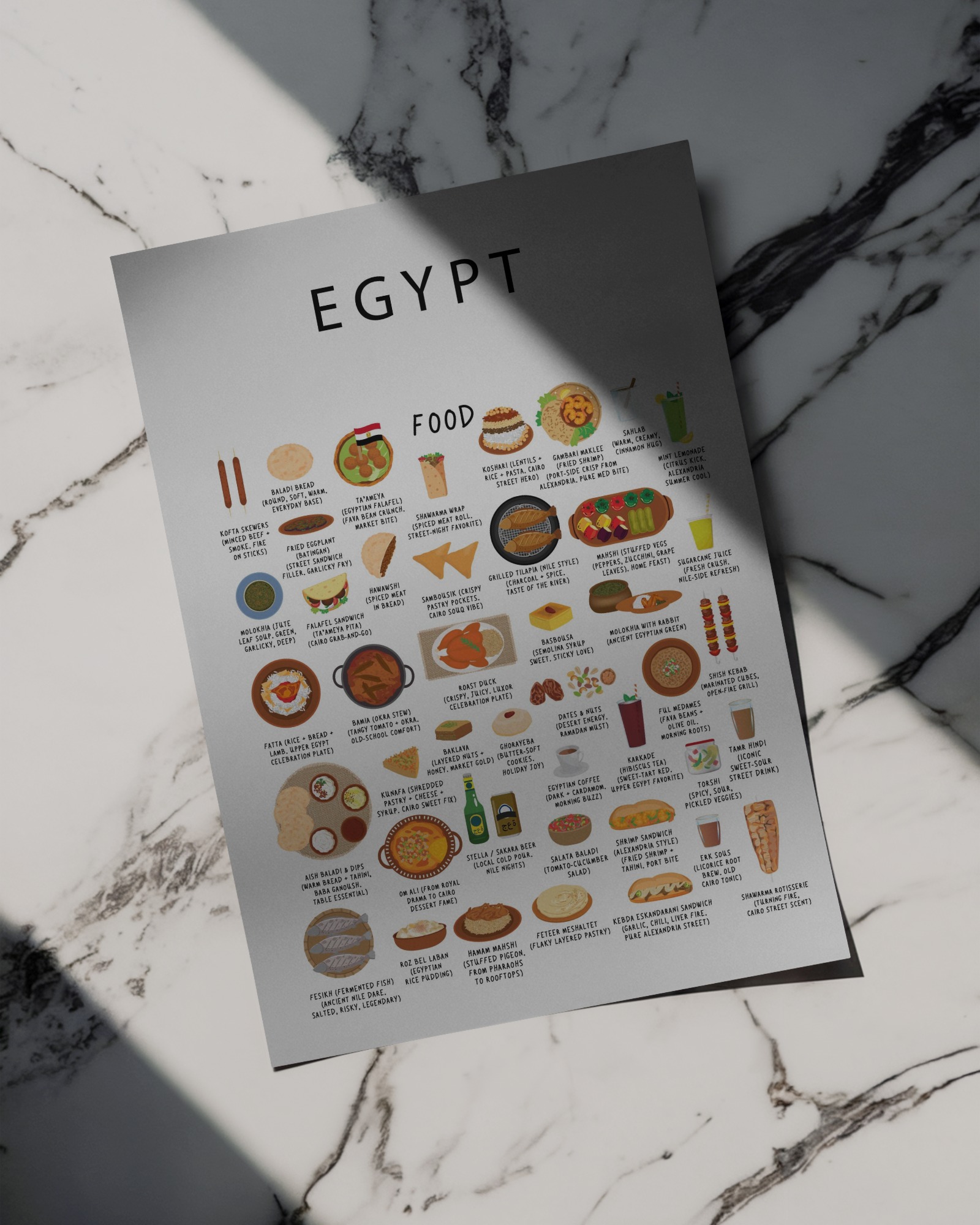 White Egypt food poster styled flat on a marble surface in soft directional daylight