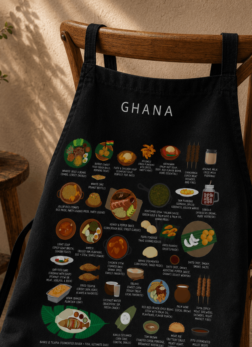 Black Ghana food apron hung over a wooden chair in warm afternoon light