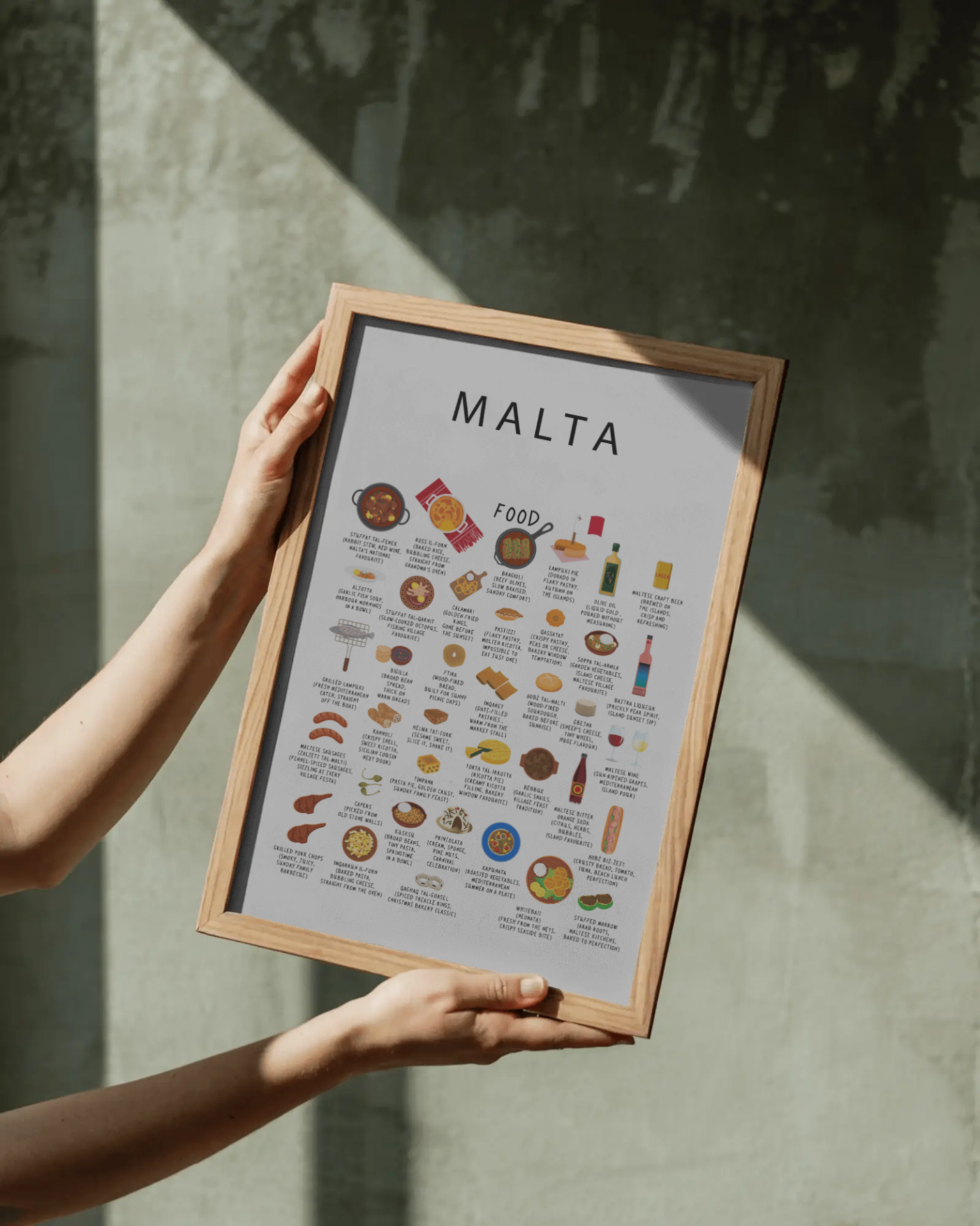 Malta food collection thumbnail featuring illustrations of Pastizzi and Ftira — Maison Maps editorial artwork.