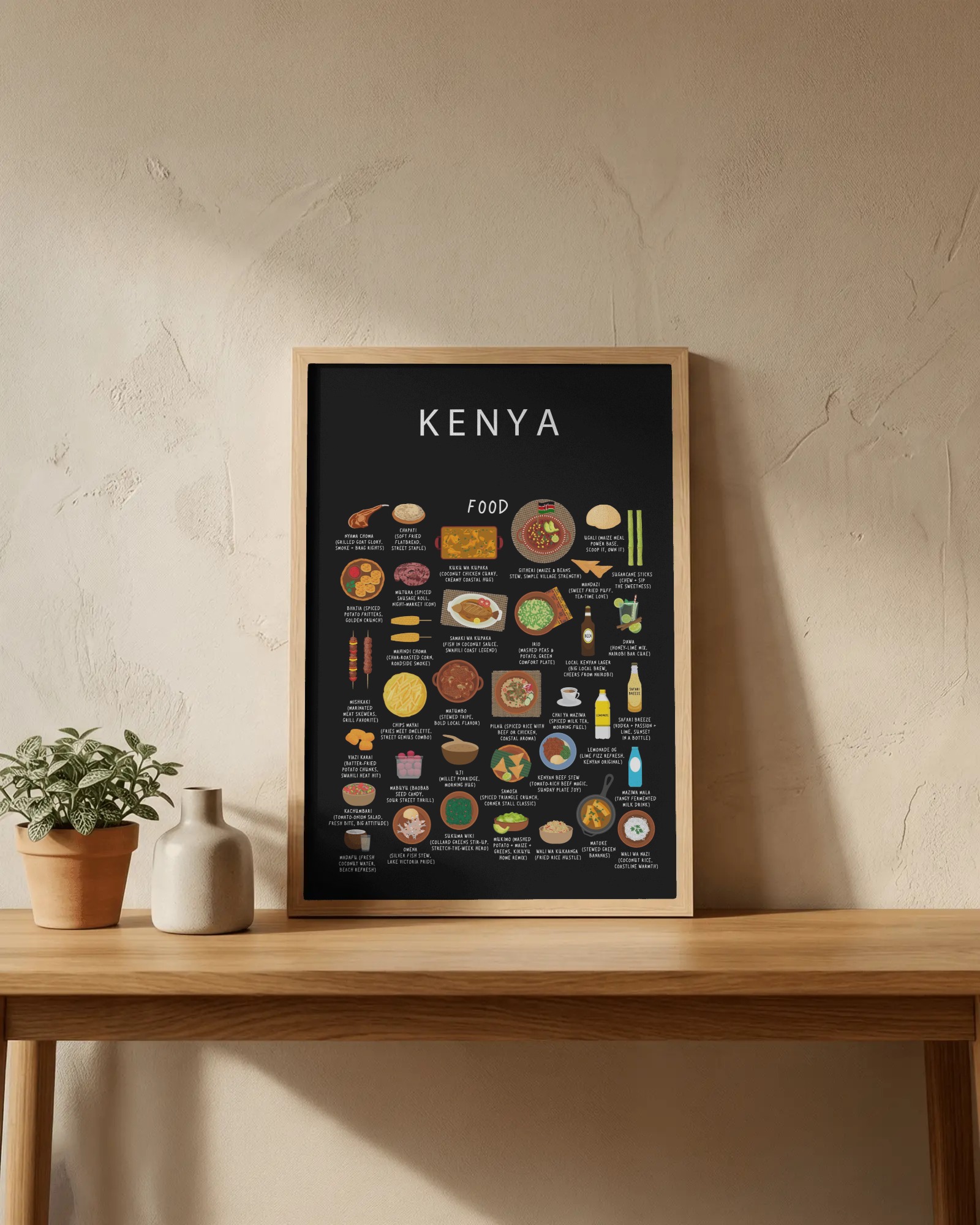 Kenya food collection thumbnail featuring illustrations of Nyama Choma and Ugali — Maison Maps editorial artwork.