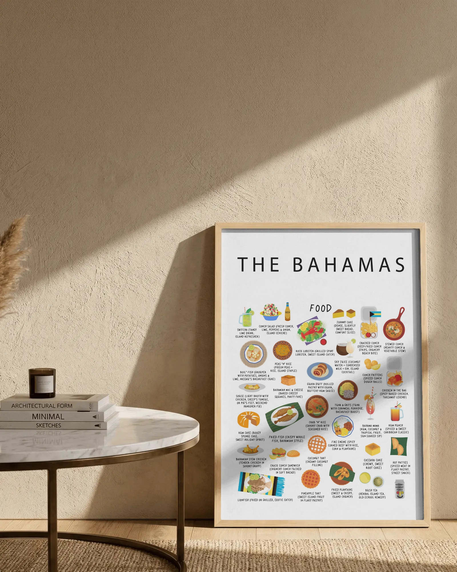 White Bahamas food poster in a natural wood frame leaning against a warm plaster wall