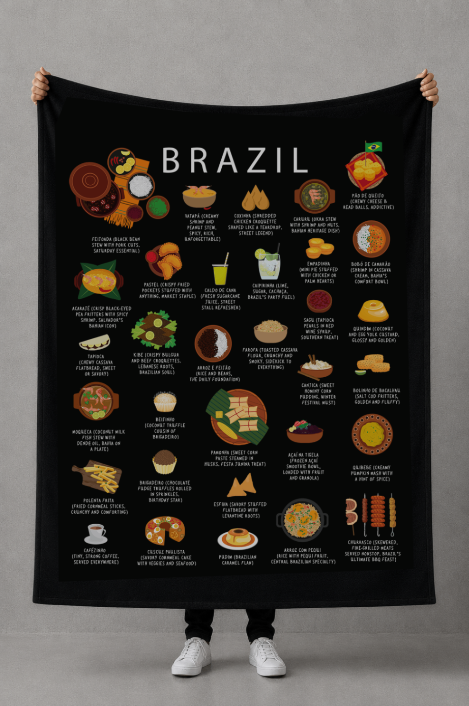 Black Brazil food blanket held open against a neutral grey wall