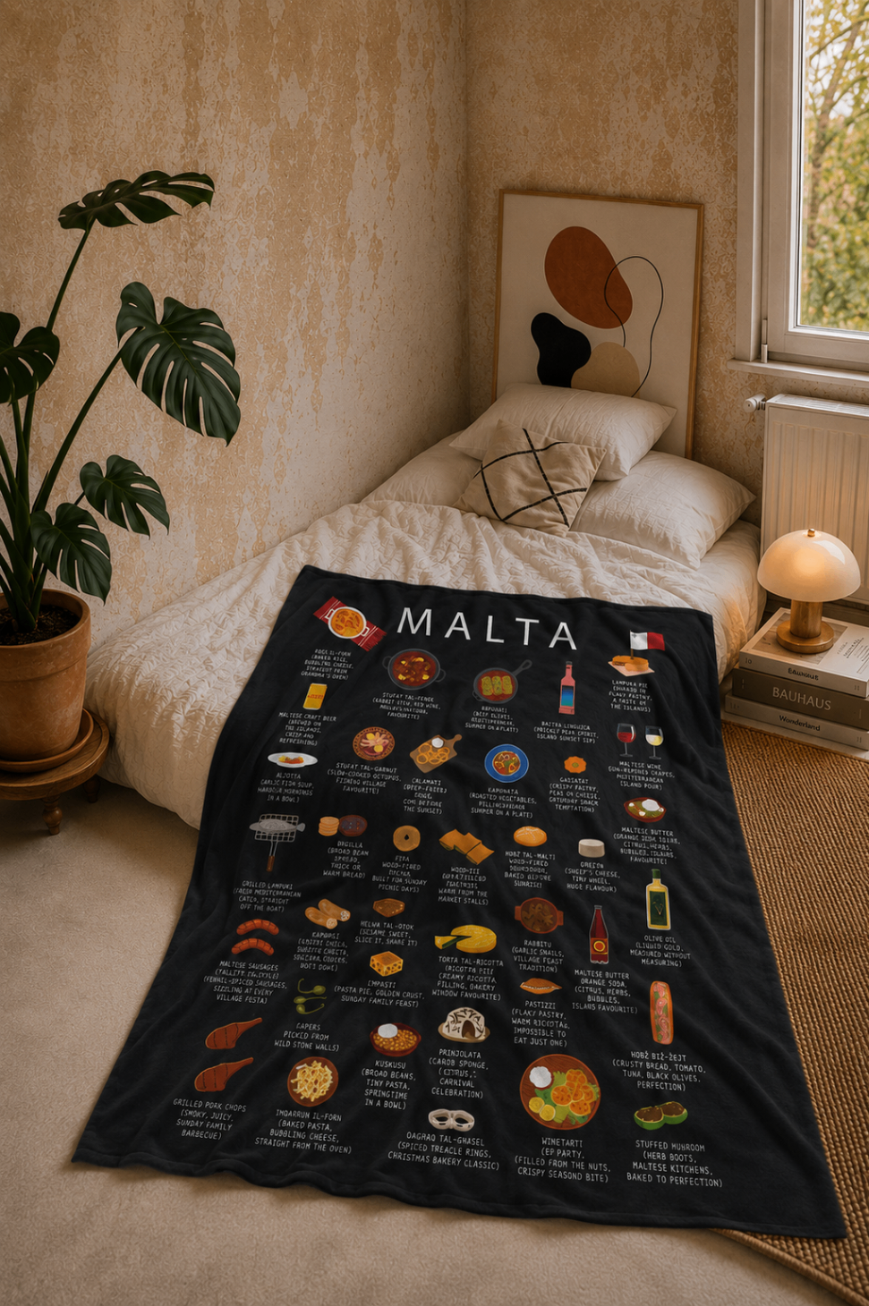 Malta food blanket draped over a linen bed in a warm plaster-walled bedroom